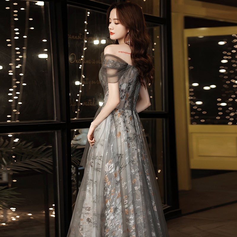 Elegant Off Shoulder Tulle Prom Dress - A-Line Gray Formal Evening Gown for Homecoming, Wedding & Special Occasions | Style 679