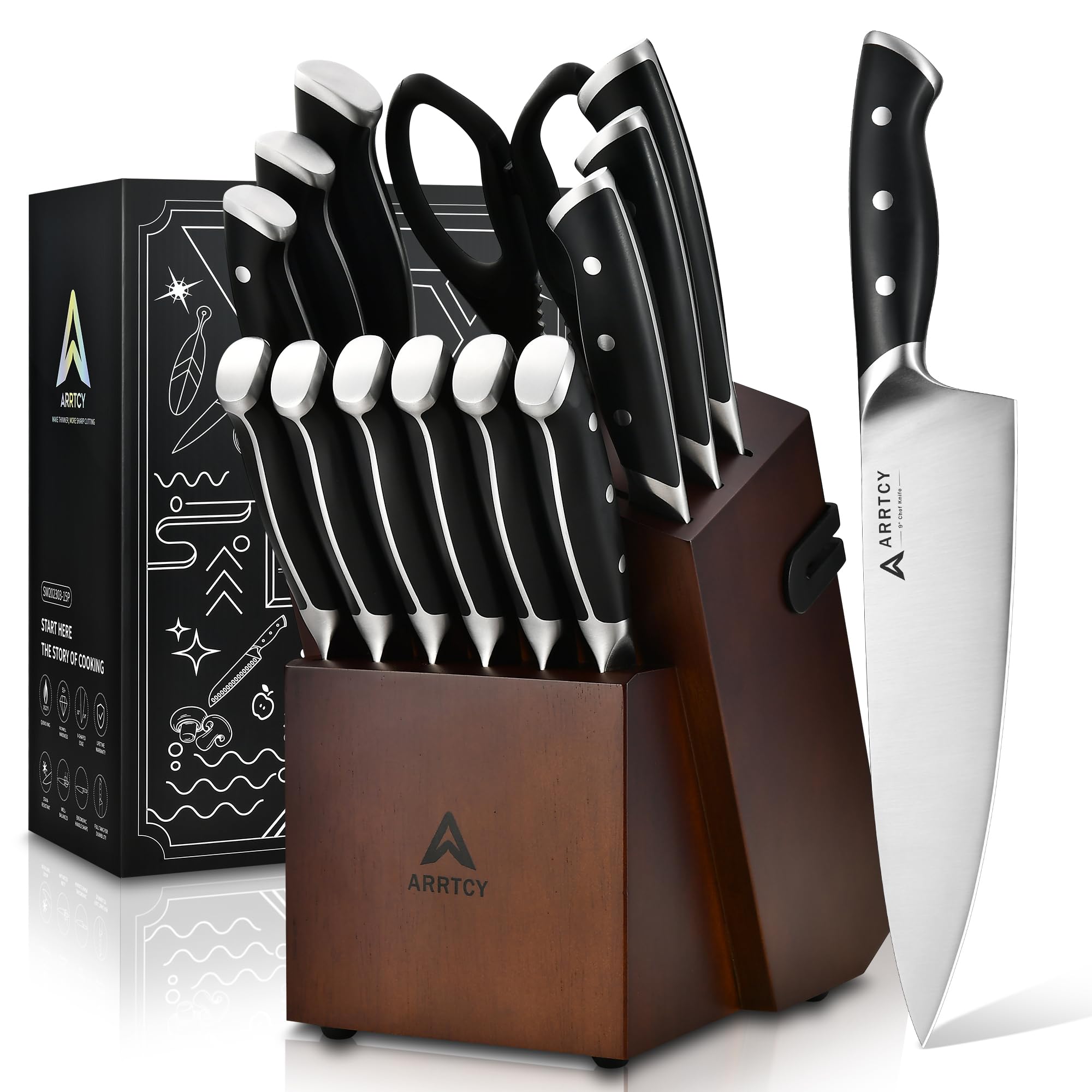 15-Piece High Carbon Stainless Steel Knife Set with Block & Sharpener - Ultra Sharp Chef Knives for Kitchen - Dishwasher Safe, Ergonomic Triple Rivet Handle - Perfect for Cooking, Slicing, Meal Prep & Professional Chefs