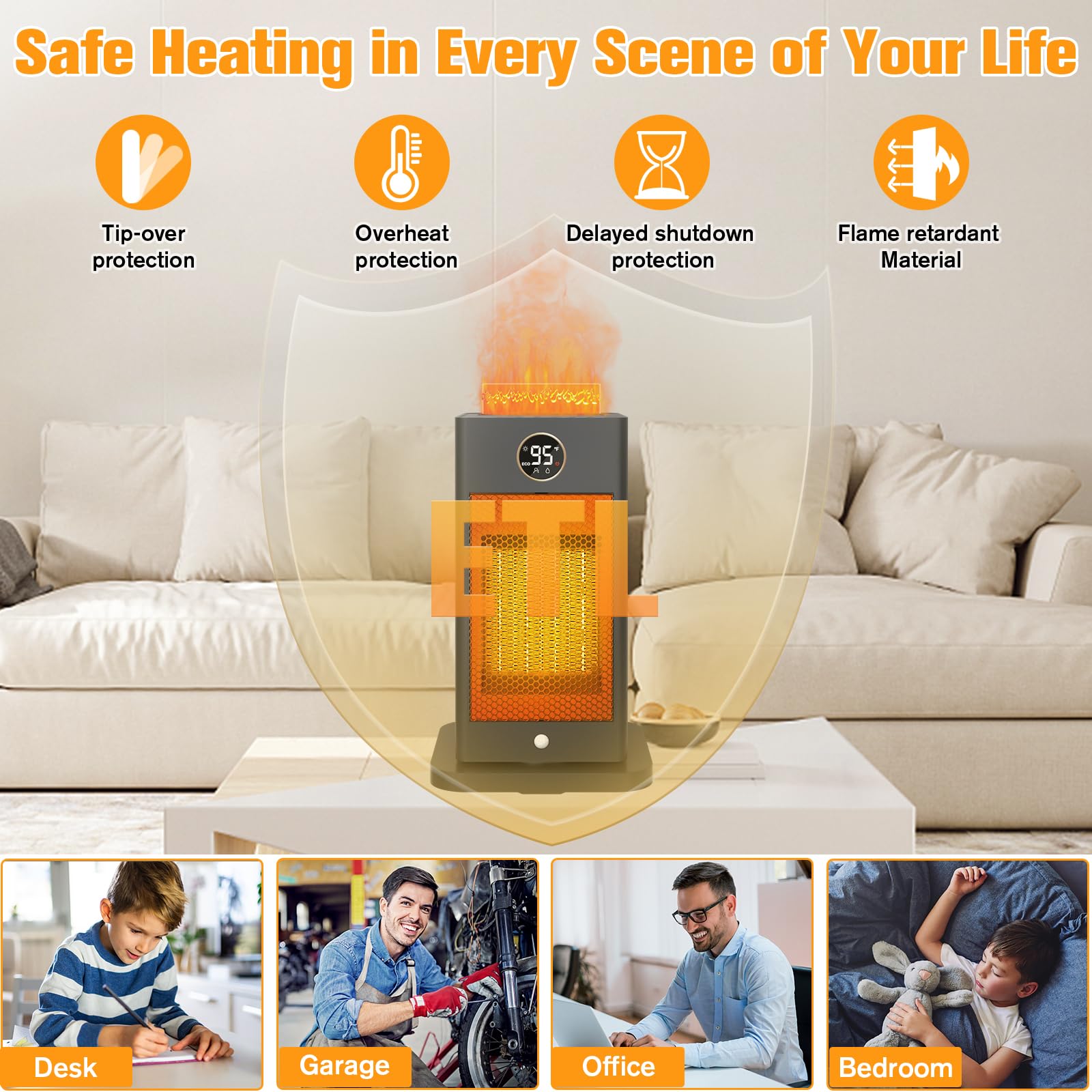 1500W PTC Fast Heating Space Heater with Humidifier & 3D Flame Effect - Oscillating Indoor Heater for Large Rooms Up to 260 sq.ft - Perfect for Bedroom, Office, and Living Room - Energy Efficient & Safe with Overheat Protection