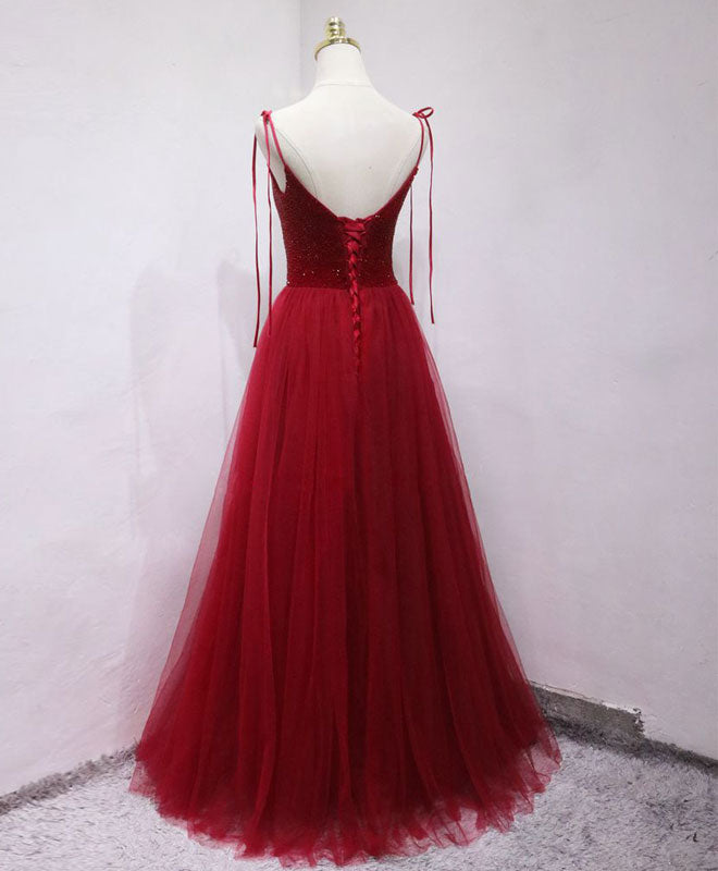 Elegant Burgundy Tulle Beaded Long Prom Dress with Appliques - Formal Evening Gown for Homecoming, Quinceañera & Special Occasions