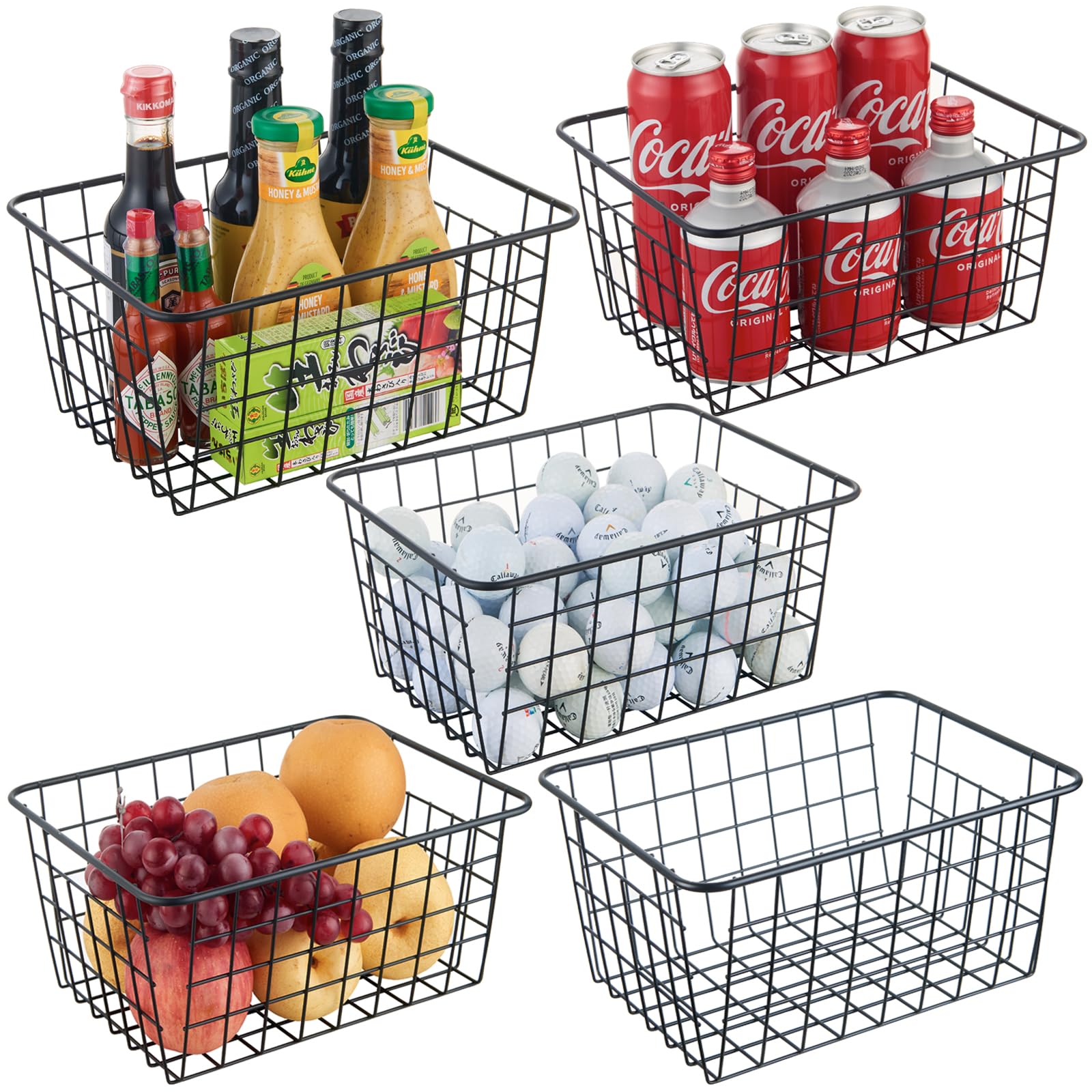 5-Pack Black Wire Storage Baskets - Stackable Kitchen & Pantry Organizer, Laundry Basket for Bathroom, Bedroom & Countertop Organization - Perfect for Home, Office & Closet Storage Solutions