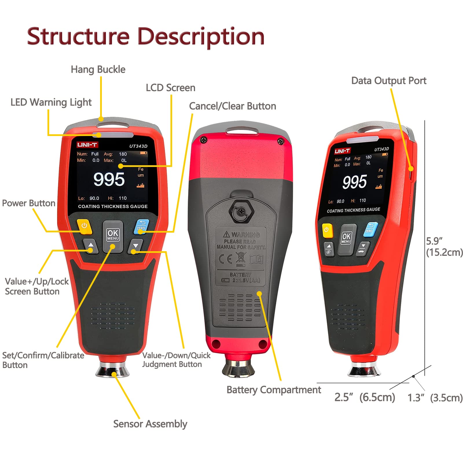 UT343D Upgraded Paint Thickness Gauge - Digital Coating Film Meter with Auto-Rotating Display & Visual Go/No-Go Indicator for Automotive Paint Correction, Precious Metal Testing | Perfect for Car Detailing, Jewelry Appraisal & Industrial Coating Inspection