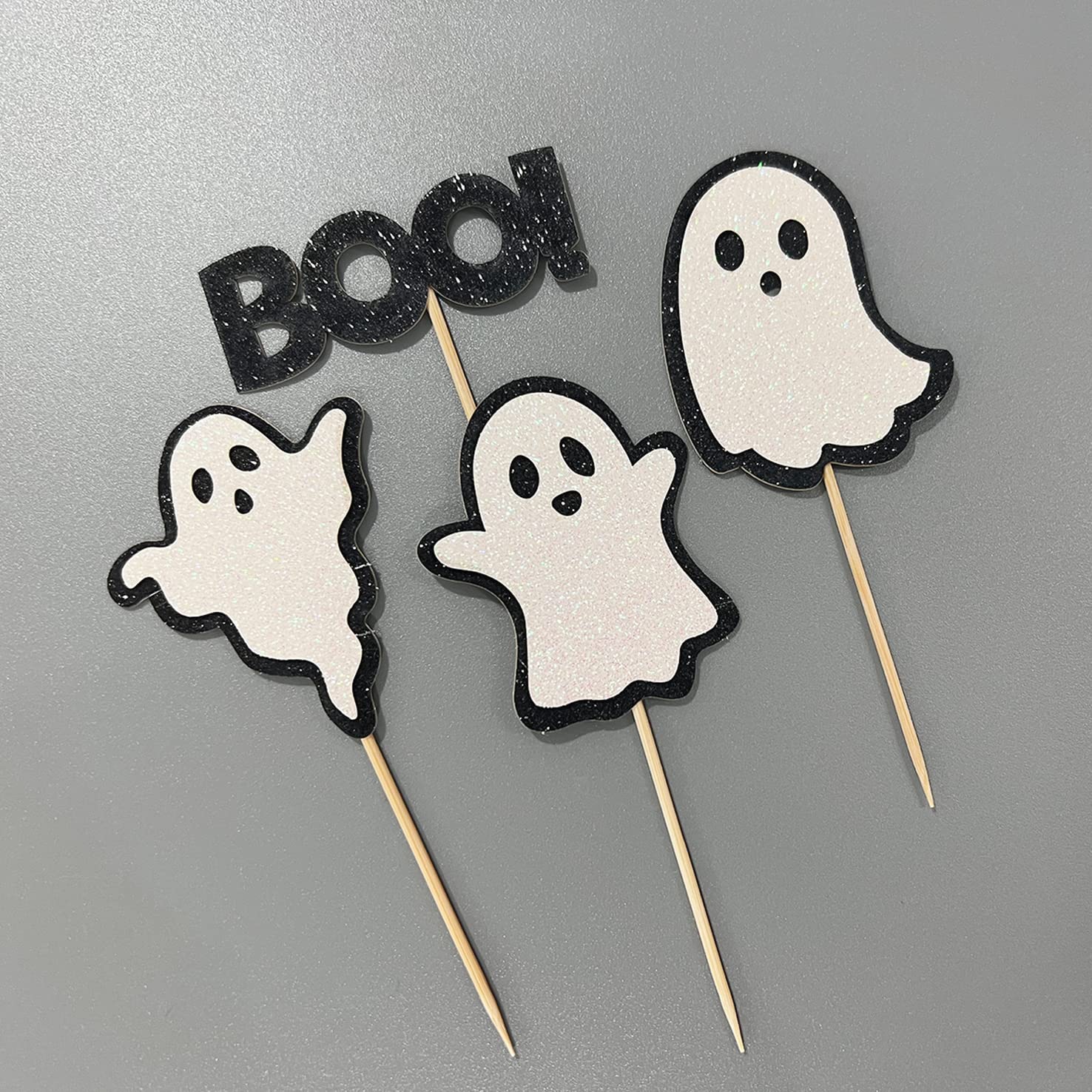 24 Pack Glitter Halloween Ghost Cupcake Toppers - Spooky Party Decorations for Baby Shower, Gender Reveal & Halloween (Black) - Perfect for Cupcakes, Cakes & Dessert Displays