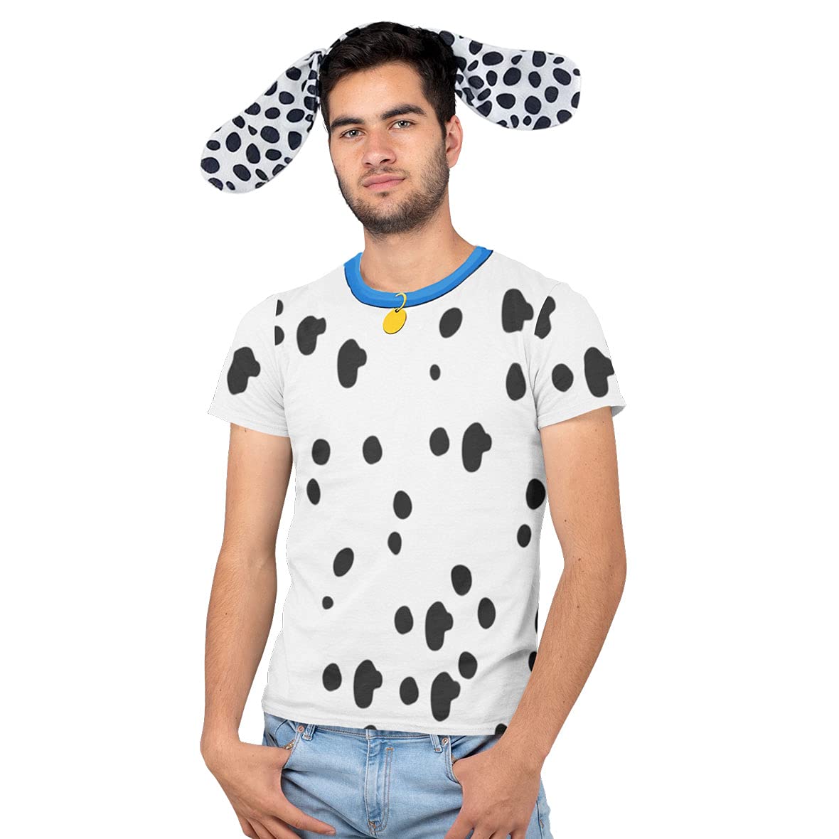 Halloween Costume Dalmatian Dog T-Shirt for Men with Blue Collar & Ears Headband - Fun Pet Lover Outfit for Halloween Parties, Cosplay Events and Themed Costume Contests