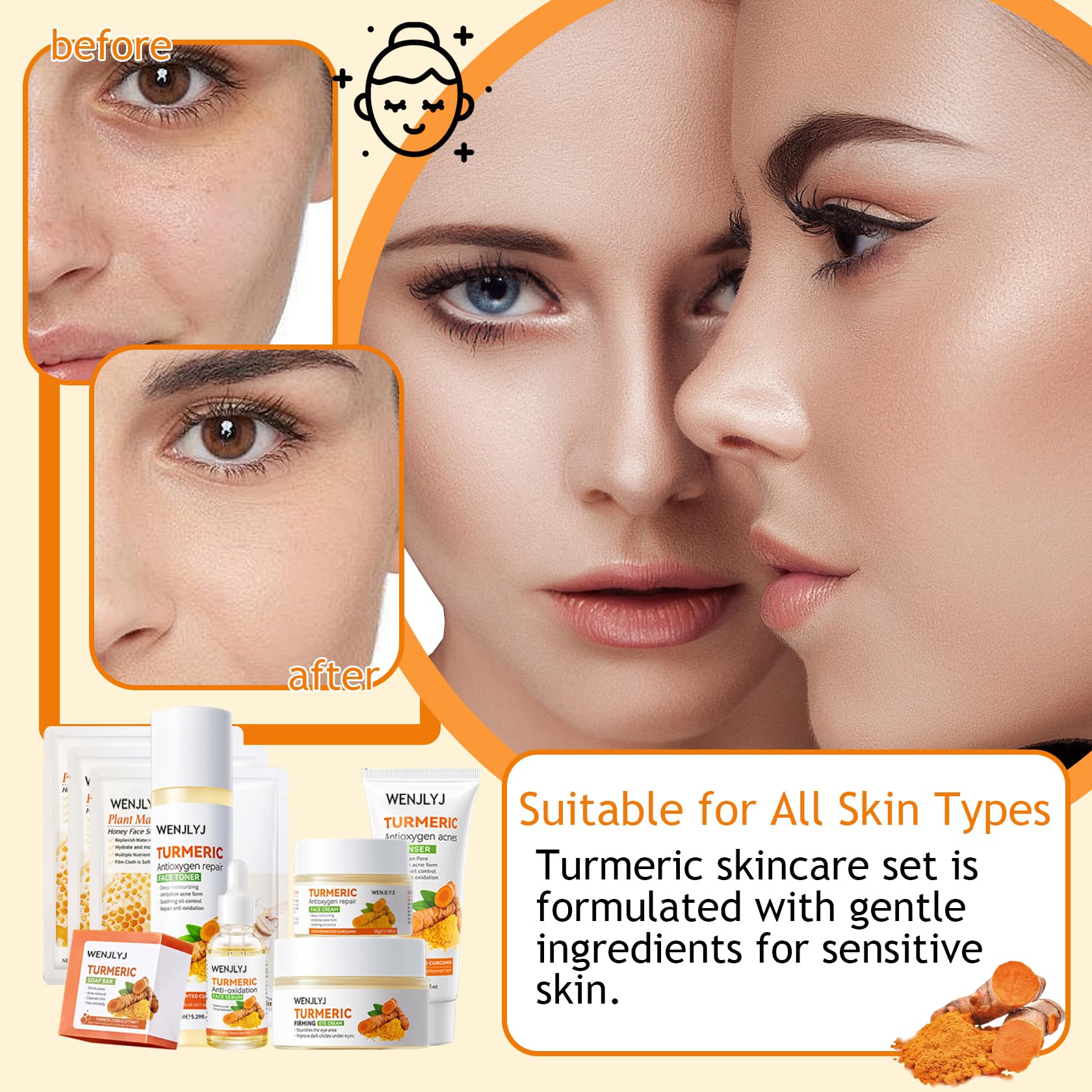 Organic Turmeric Soap Skincare Set with Honey Face Mask Sheets - Hydrating Travel Size Face Wash, Moisturizing Toner, Serum, Cream & Eye Cream - 9-Piece Anti-Aging Gift Set for Women - Perfect for Travel, Daily Routine & Spa Days