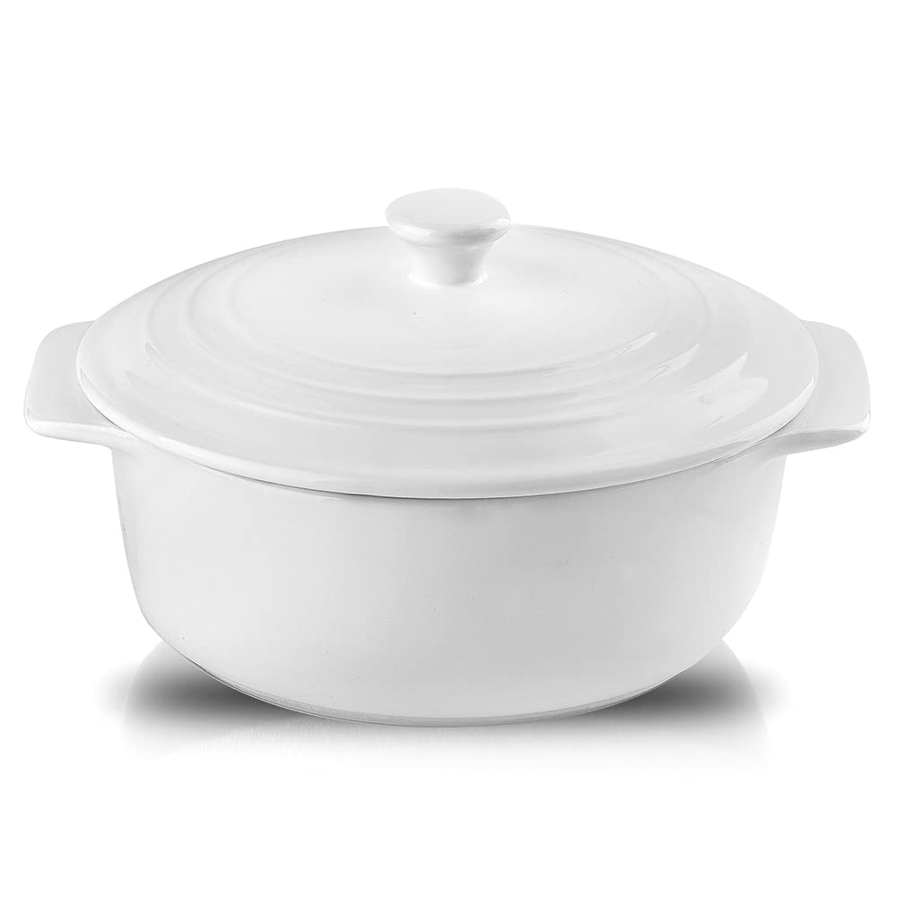 KOOV 2 Quart Ceramic Casserole Dish with Lid - Oven Safe 9 Inch Round Baking Dish Set, Reactive Glaze White - Perfect for Casseroles, Lasagna, Pot Pies & Family Dinners