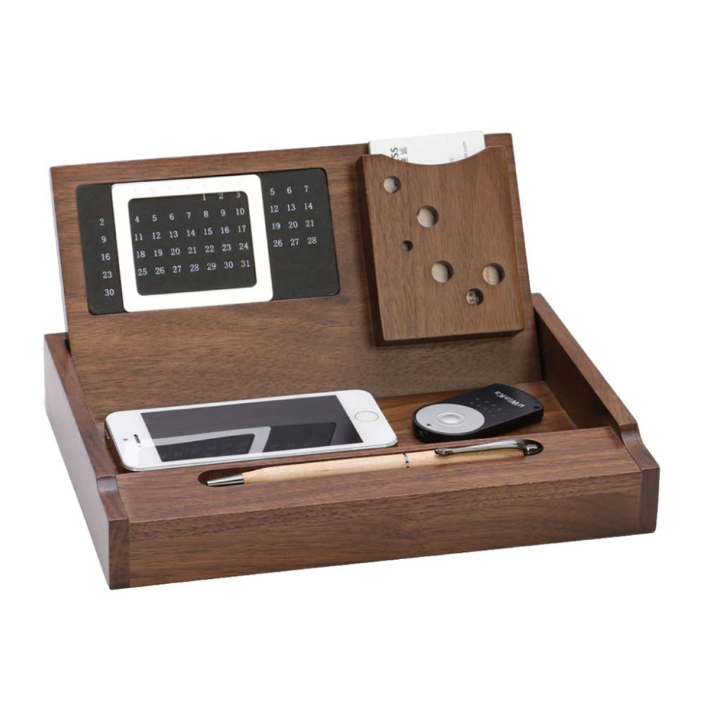 LIULIFE Wooden Desk Organizer - Pen & Pencil Holder, Stationery Storage Box, Business Card Case with Perpetual Calendar - Perfect for Home Office, School & Workspace Organization (Brown)