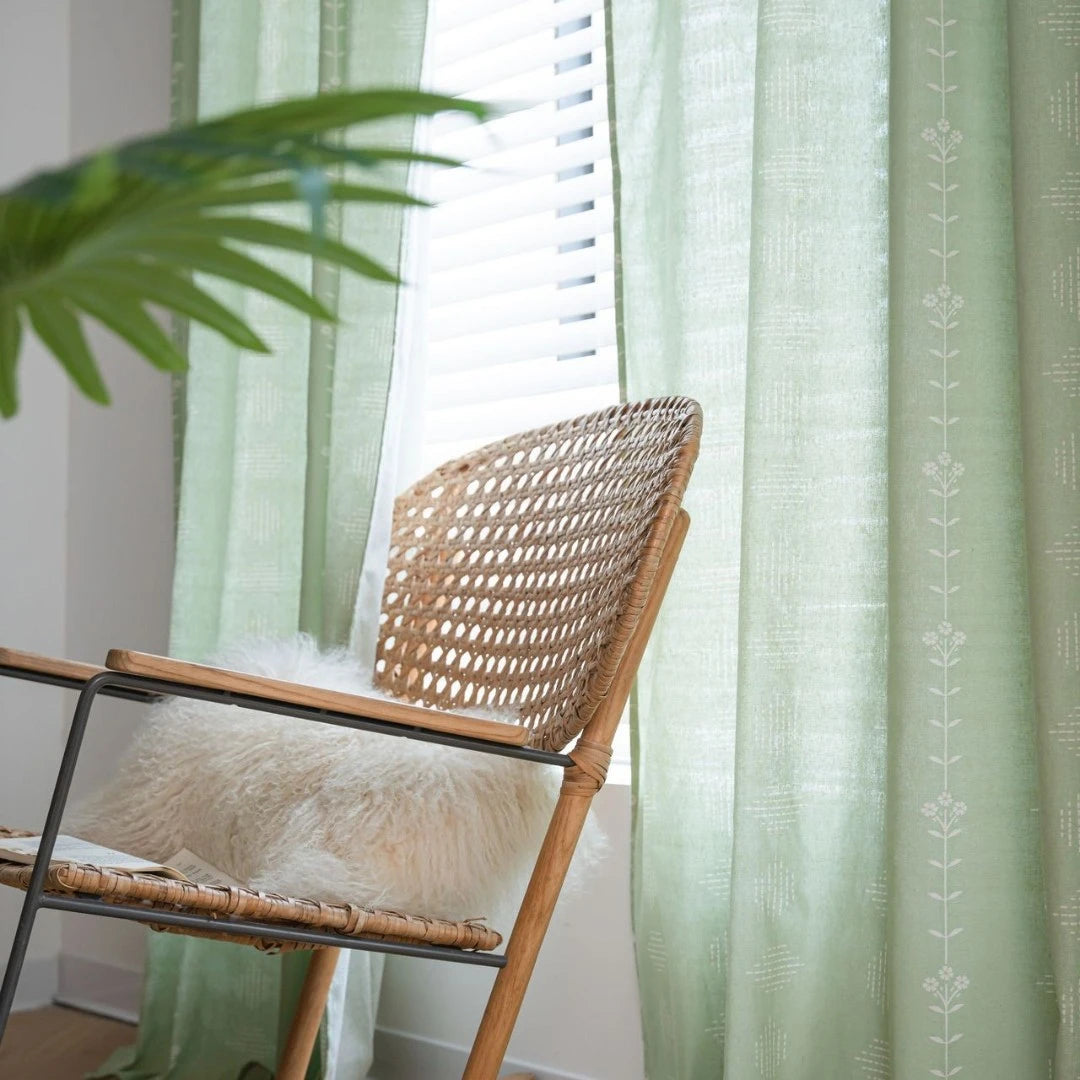 Boho Botanical Geometric Semi-Sheer Custom Curtains for Living Room & Bedroom - Light Filtering Window Drapes with Nature-Inspired Design