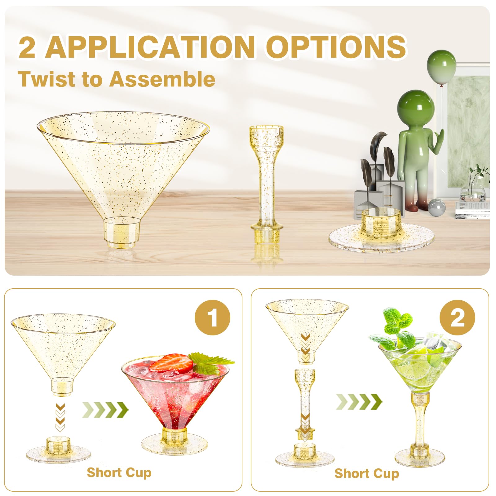 50 Pack Disposable Plastic Martini Glasses - 5 oz Gold Glitter Cocktail Cups with 100 Cocktail Sticks | Perfect for Weddings, Home Parties, Bars, and Outdoor Events - Elegant Drinkware for Margaritas, Cocktails, and Beverage Serving