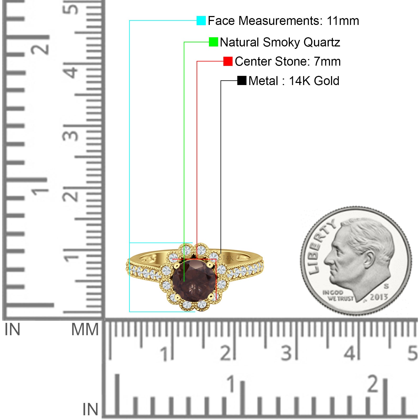 14K Yellow Gold Round Natural Chocolate Smoky Quartz Vintage Style Flower Ring for Women - Elegant Bohemian Jewelry Gift for Birthday, Anniversary & Special Occasions
