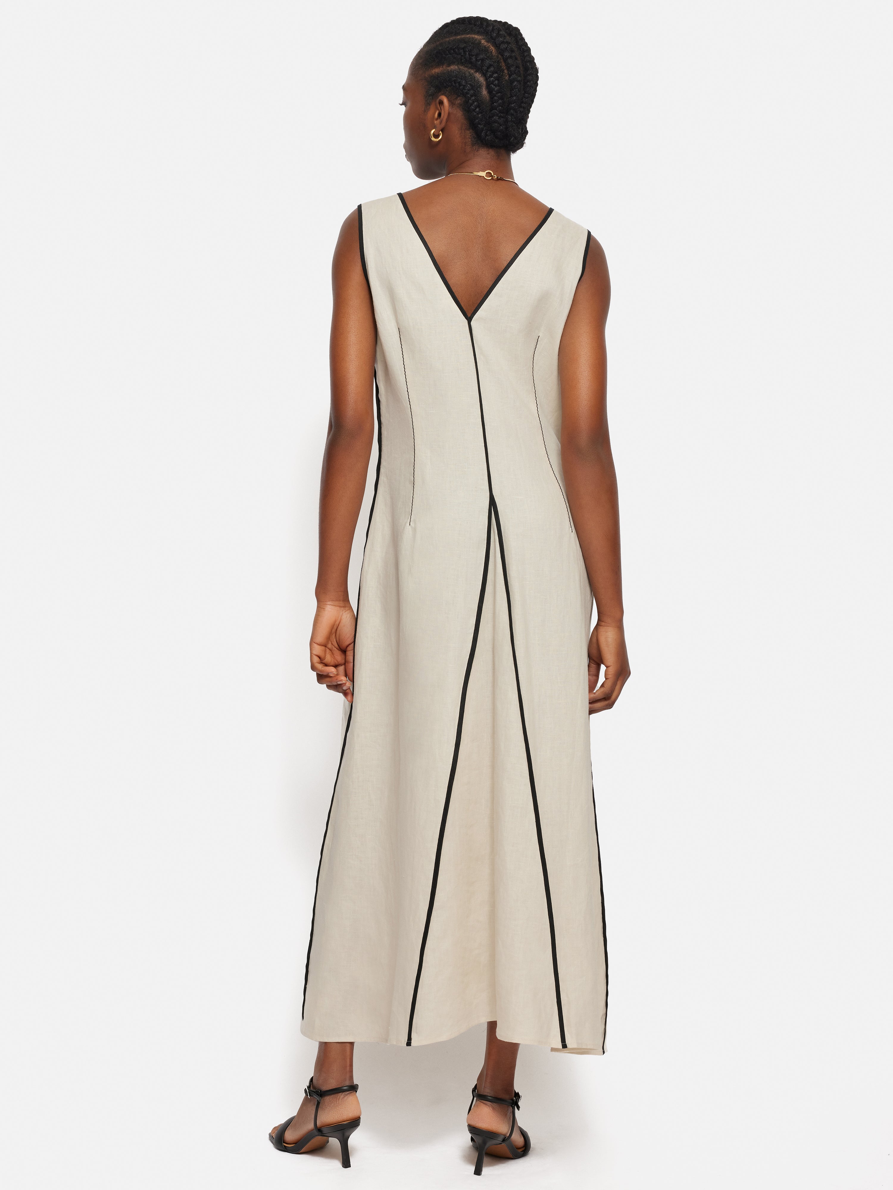 Linen Sleeveless Piped Dress for Women - Cream Summer Casual Dress | Perfect for Beach, Vacation & Outdoor Events