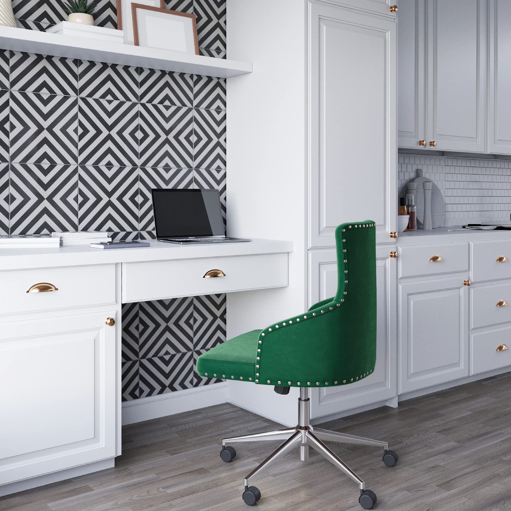 BELLEZE Modern Velvet Desk Chair - Adjustable Height Swivel Office Chair with Wheels, Tufted Upholstered Seat & Slim Arms for Home Office, Bedroom Vanity or Study Room - Belden Green Velvet Chair for Comfortable Working & Studying