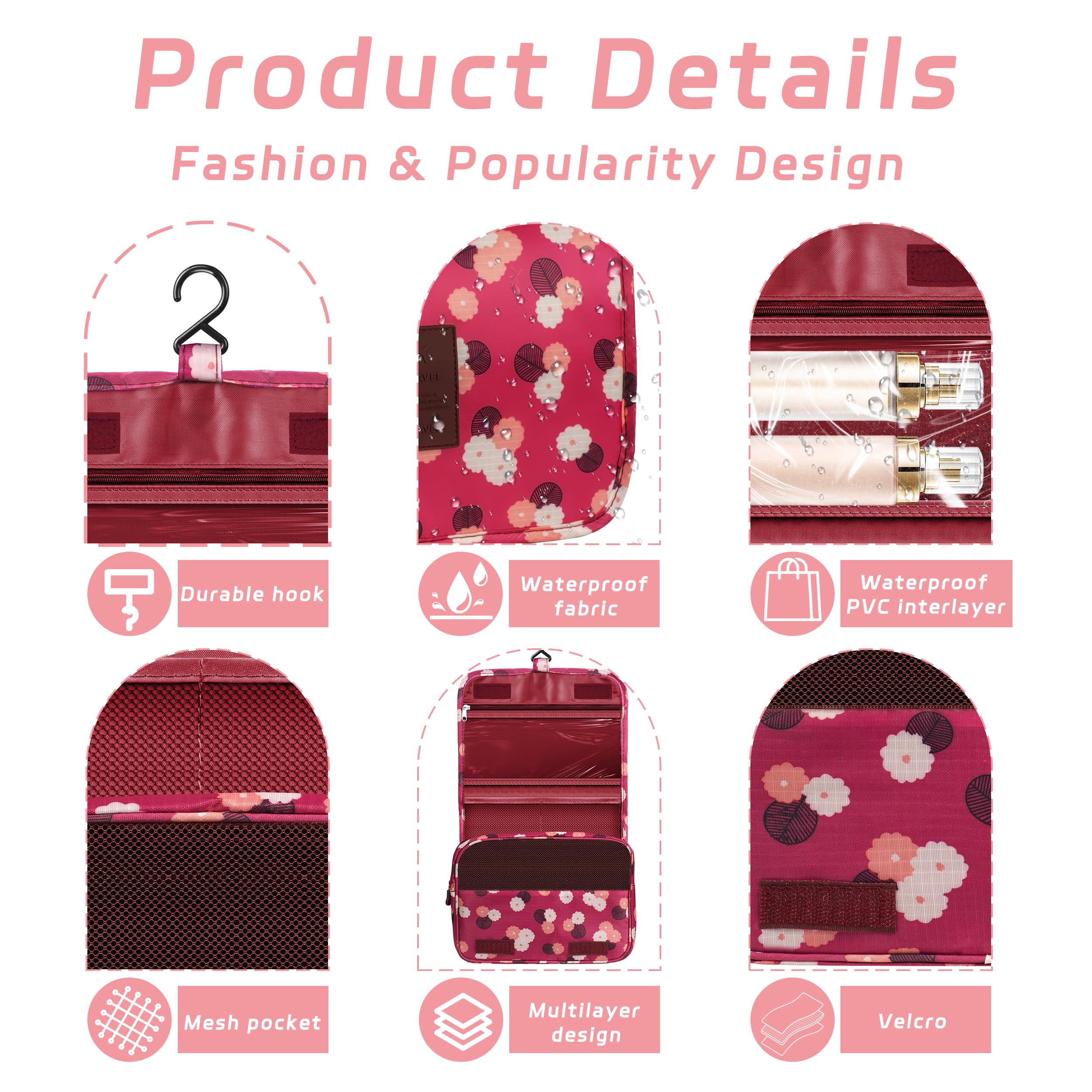 Waterproof Hanging Toiletry Bag for Travel - Multifunctional Makeup Organizer with Hook for Women & Men (Wine Red Flower) | Perfect for Camping, Gym & Business Trips