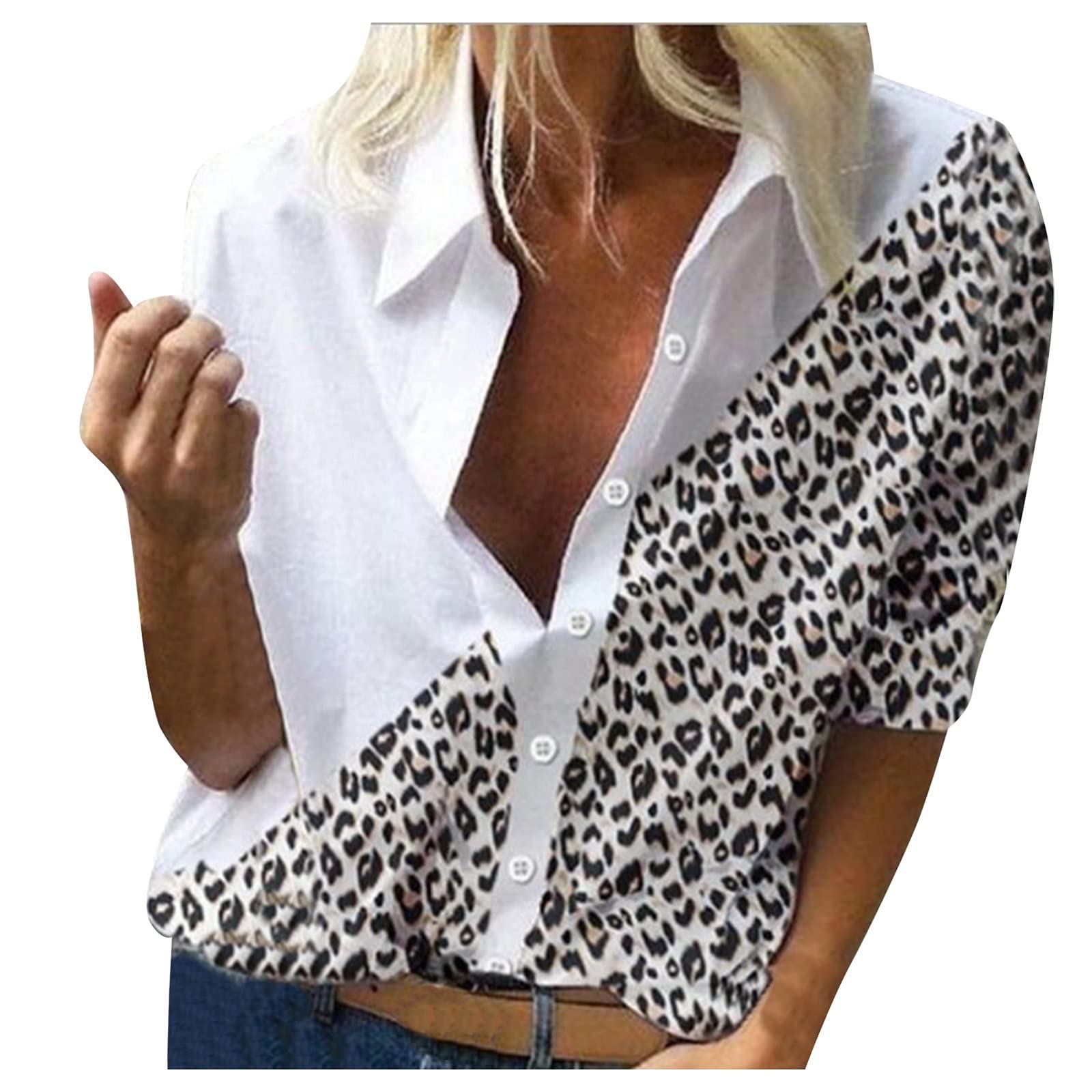 Women's Fashion Button Down V-Neck Short Sleeve Collared Shirt Blouse with Pockets - Casual Office Wear & Summer Outfits