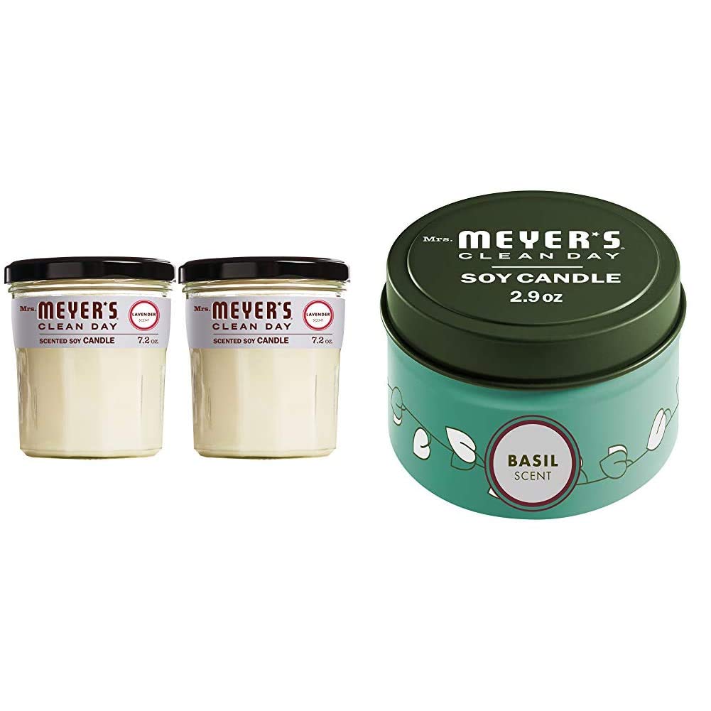 Mrs. Meyer's Clean Day Lavender Soy Aromatherapy Candle & Basil Tin Candle Bundle - 3-Pack Set for Home Relaxation, Spa, Yoga & Meditation - Eco-Friendly Soy Wax Candles with Natural Essential Oils