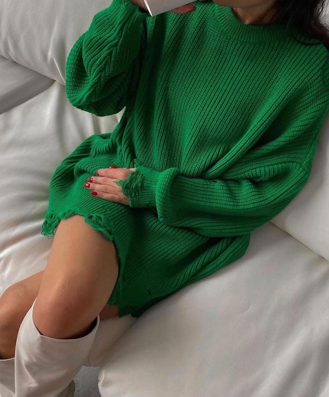 Vintage 1892 Knitted Round Neck Loose Fit Ripped Mid-Length Long Sleeve Sweater for Women | Cozy Fall & Winter Fashion | Perfect for Casual Outings, Coffee Dates and Office Wear