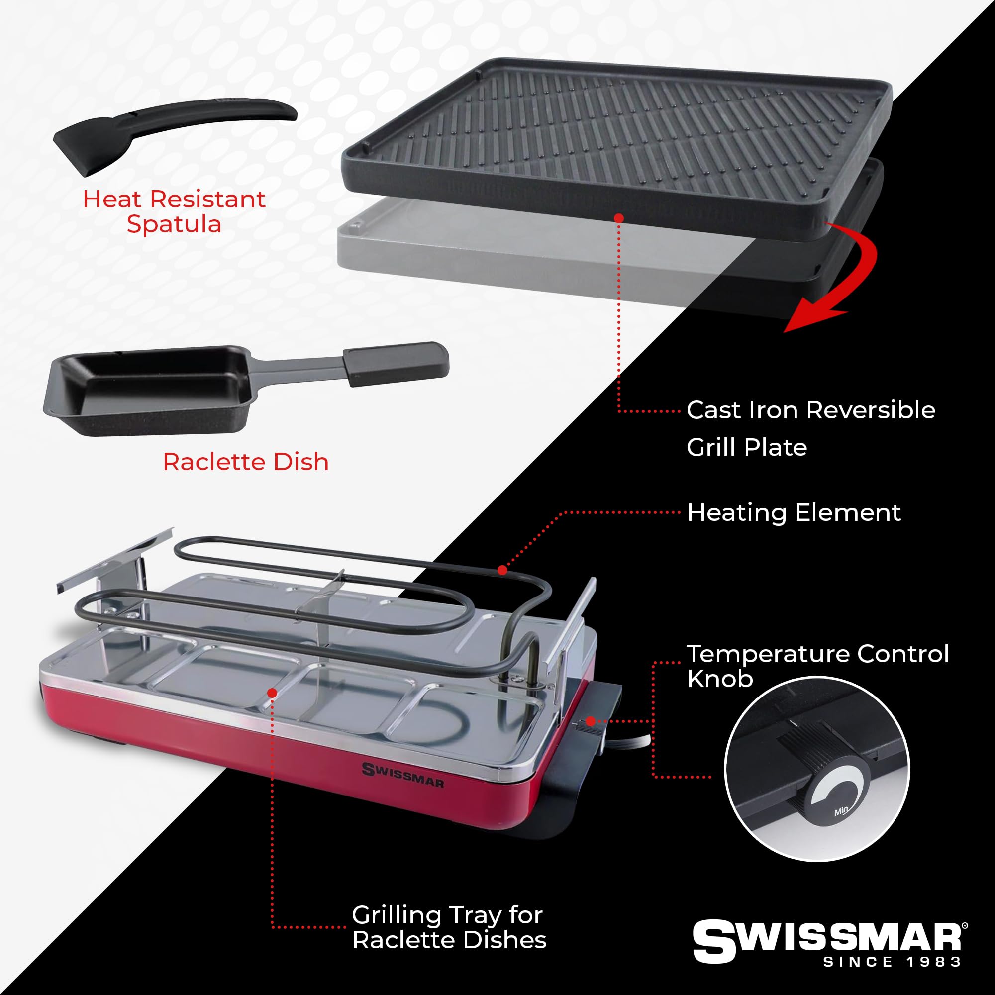 Swissmar Classic 8-Person Electric Raclette Grill with Reversible Cast Iron Grill Plate & Crepe Top - Indoor Party Grill for Family Gatherings & Holiday Entertaining - Red