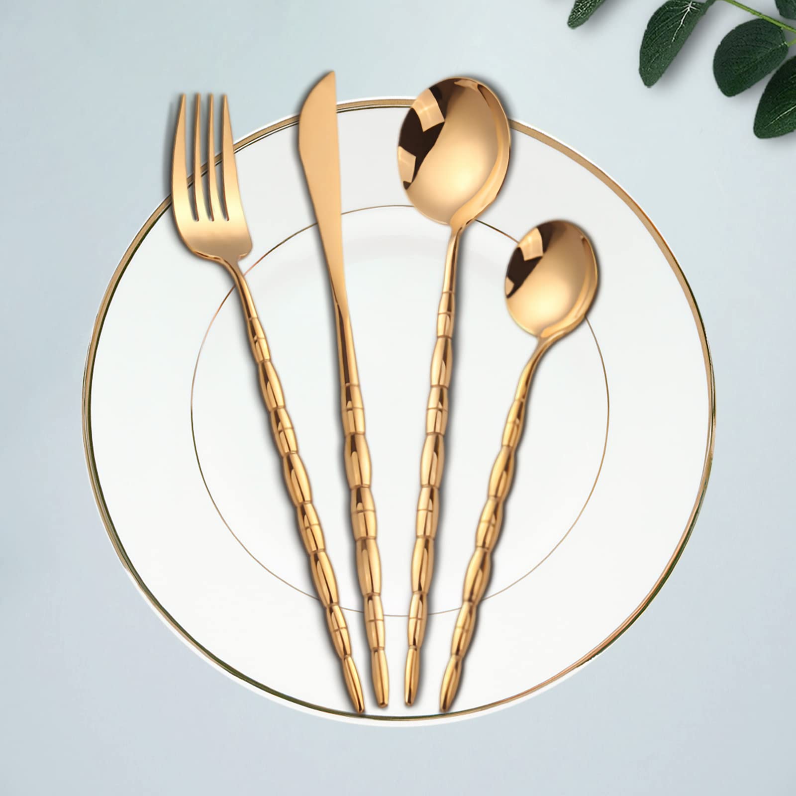 24-Piece 18/10 Stainless Steel Flatware Set for 6 - Gold Bamboo Handle Silverware with Knives, Forks & Spoons - Mirror Polished & Dishwasher Safe - Elegant Dinnerware for Restaurants, Weddings & Home Dining (6 Sets, Gold)