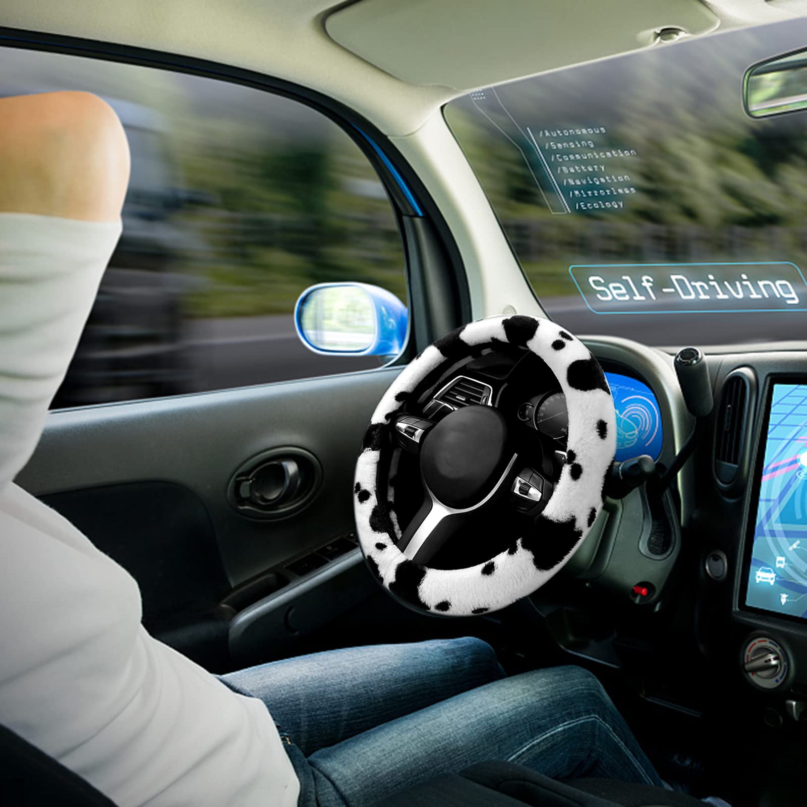6PCS Car Interior Aesthetic Accessories Set - Fluffy Cute Cow Print Steering Wheel Cover, Armrest Pad, Seat Belt Cover & Gear Shift Cover - Perfect for Girly Car Decor & Comfort Driving