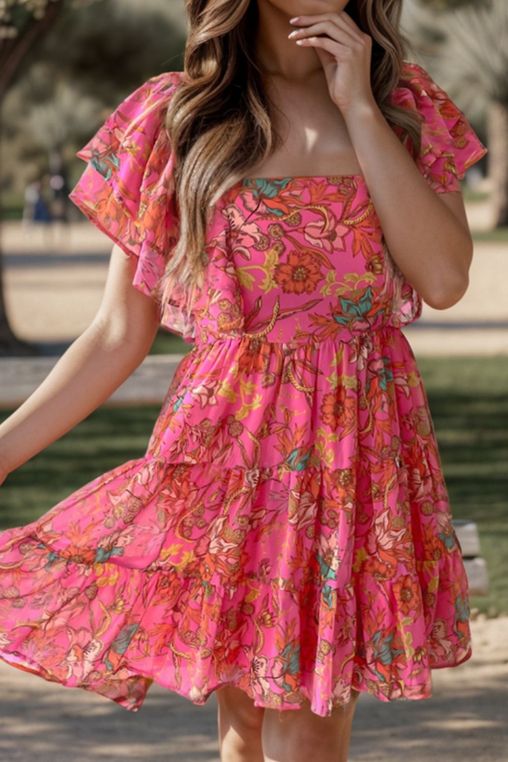 Elegant Ruffled Romantic Summer Dress for Women - Flowy Boho Maxi Dress with Floral Print, Perfect for Beach Vacation, Date Night & Outdoor Parties