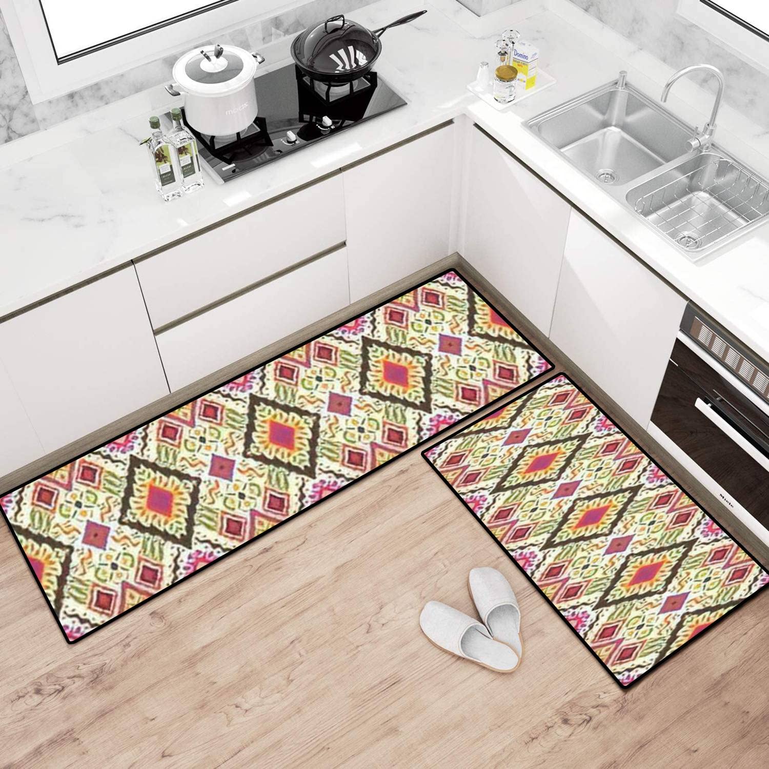 Non-Slip Washable Kitchen Rugs Set - Tribal Chevron African Ethnic Carpet, Anti-Fatigue Standing Mat for Floor Decor - Perfect for Kitchen, Bathroom, Entryway & High-Traffic Areas