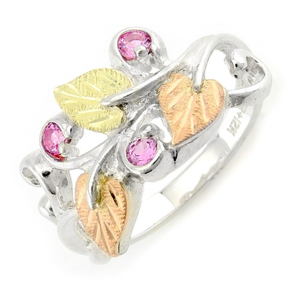 12k Green & Rose Black Hills Gold Rhodium-Plated Sterling Silver Synthetic Rose Zircon October Birthstone Ring | Elegant Jewelry Gift for Women, Anniversary, Birthday & Special Occasions