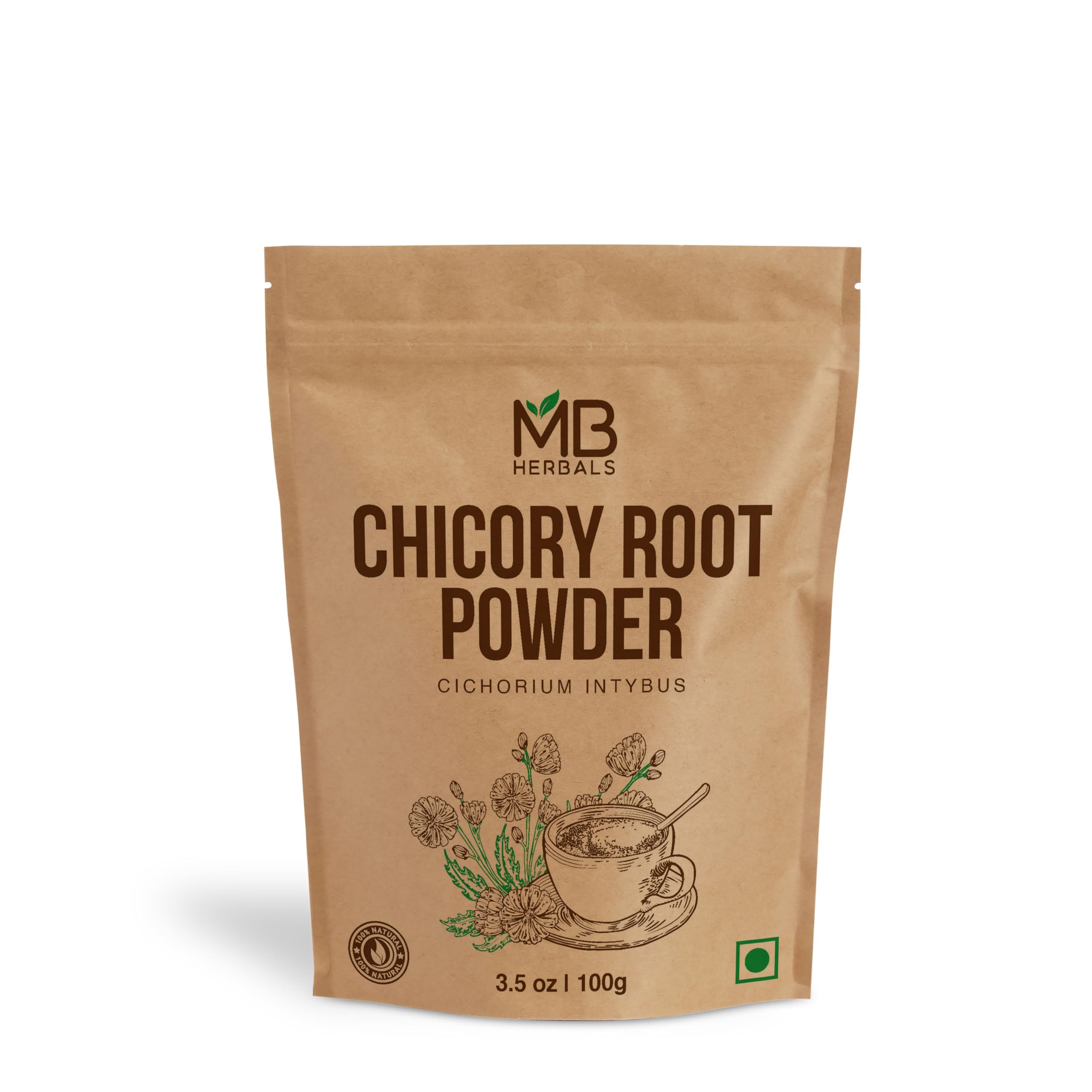 MB Herbals Instant Chicory Granulated Powder 100g (3.5 oz) - Roasted, Non-GMO, Gluten Free, No Preservatives - Perfect for Coffee Alternative, Baking & Healthy Drinks - Dissolves Easily in Hot Milk & Water