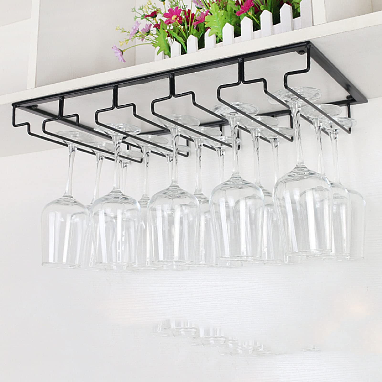 Black Metal Wine Glass Rack - 6 Slot Under Cabinet Stemware Holder for Kitchen, Bar & Restaurant - Perfect for Storing Wine Glasses, Mugs & Cups Under Shelves or Countertops