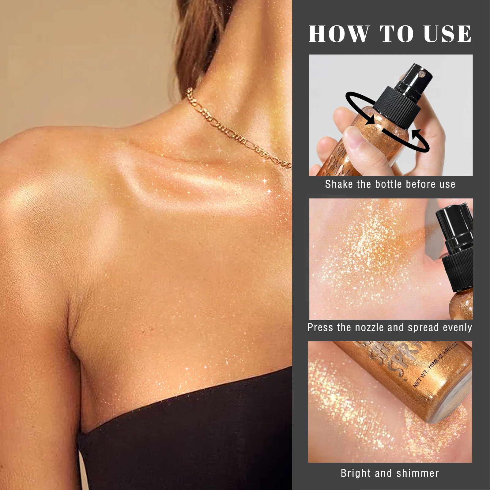 Bronze Body Glitter Spray - Shimmering Highlighter for Face, Hair & Body | Moisturizing Luminizer with Quick-Dry Formula | Perfect for Parties, Festivals & Night Out Glam Looks (#04)
