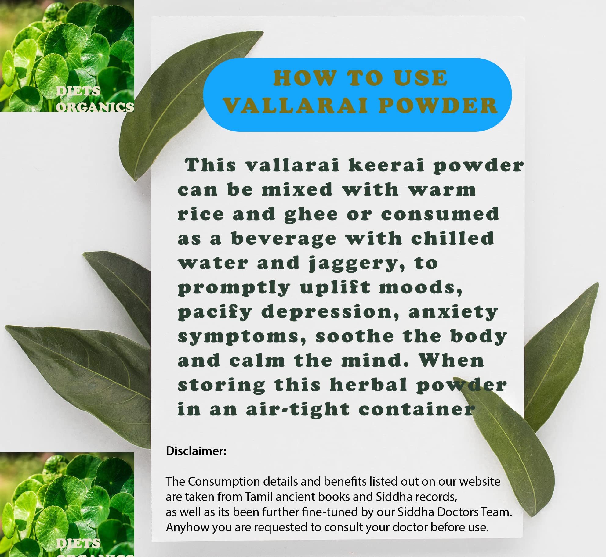 Organic Vallarai Powder & Brahmi Powder for Hair Growth - 100g | Natural Ayurvedic Herbal Supplement for Thicker, Stronger Hair | Perfect for DIY Hair Masks & Scalp Treatments