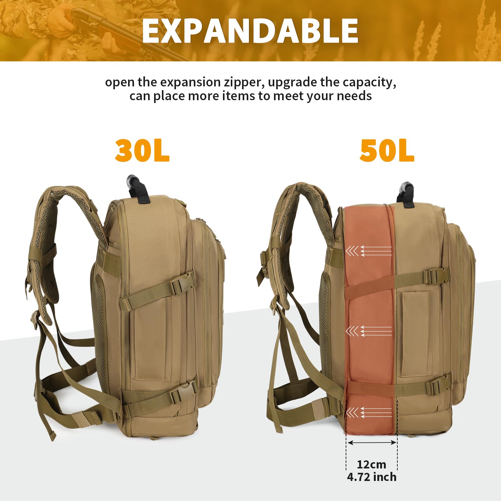 HUNTVP 30L-50L Military Tactical Backpack - Large Capacity Hiking Backpack for Men & Women - Waterproof Travel Backpack for Trekking, Camping, School, Fishing & Outdoor Adventures | Perfect for Weekend Getaways, College Commutes & Mountain Expeditions