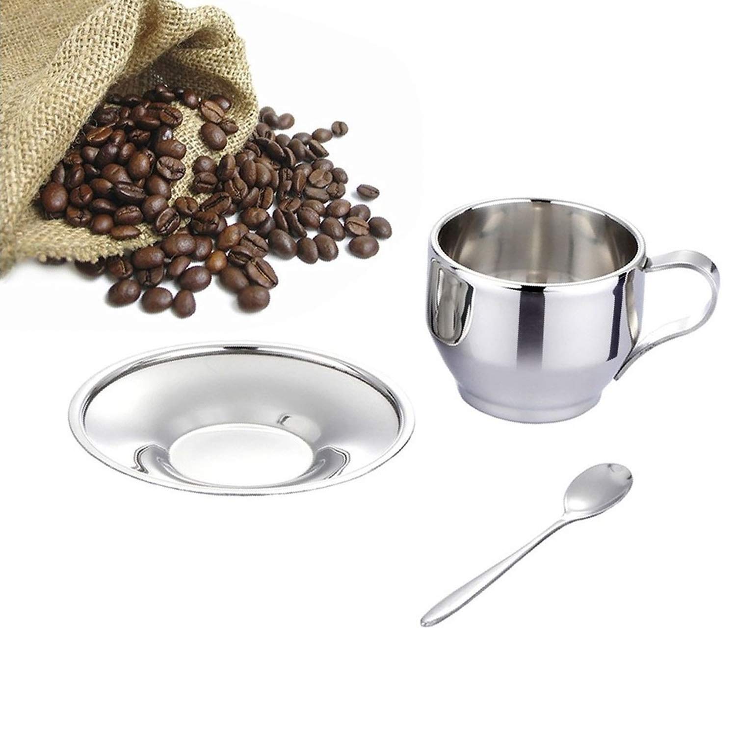 Premium Stainless Steel Coffee Mug Set - 4 Pack Insulated Espresso & Cappuccino Cups with Spoons & Saucers - Perfect Gift for Coffee & Tea Lovers - Ideal for Home, Office, Camping & Travel Use