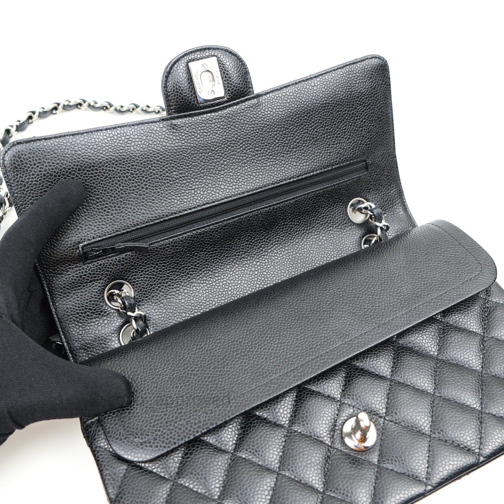 Chanel Classic Double Flap M/L Black Caviar Leather Bag with Silver Hardware - Luxury Designer Handbag for Women, Perfect for Work, Evening & Special Occasions