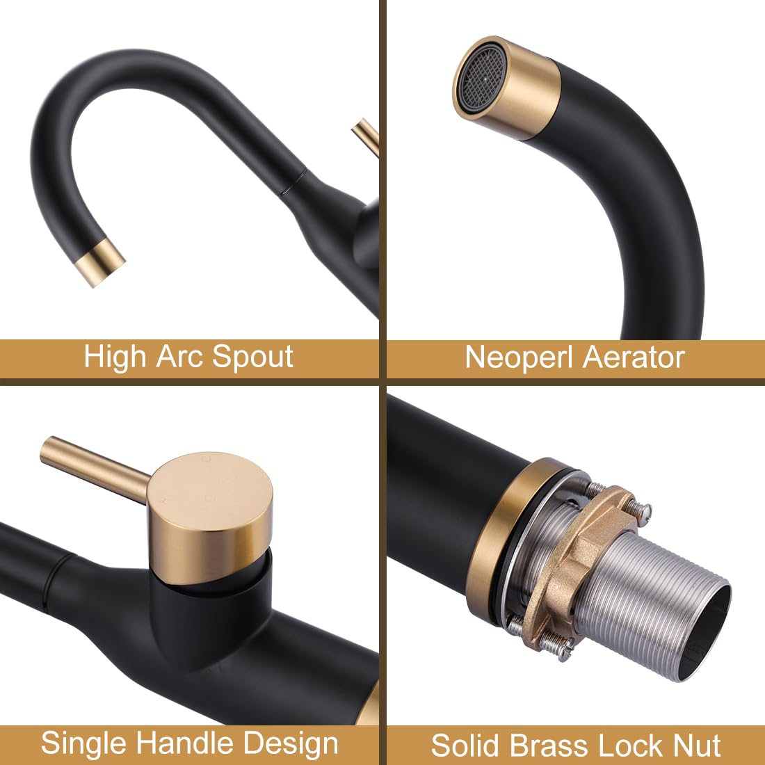 **Black & Gold Modern Single Handle Bar Sink Faucet – 1 Hole Mini Kitchen Faucet with 360° Swivel & Water Supply Hoses – Perfect for RV, Tiny Homes, Wet Bars & Small Kitchen Sinks**