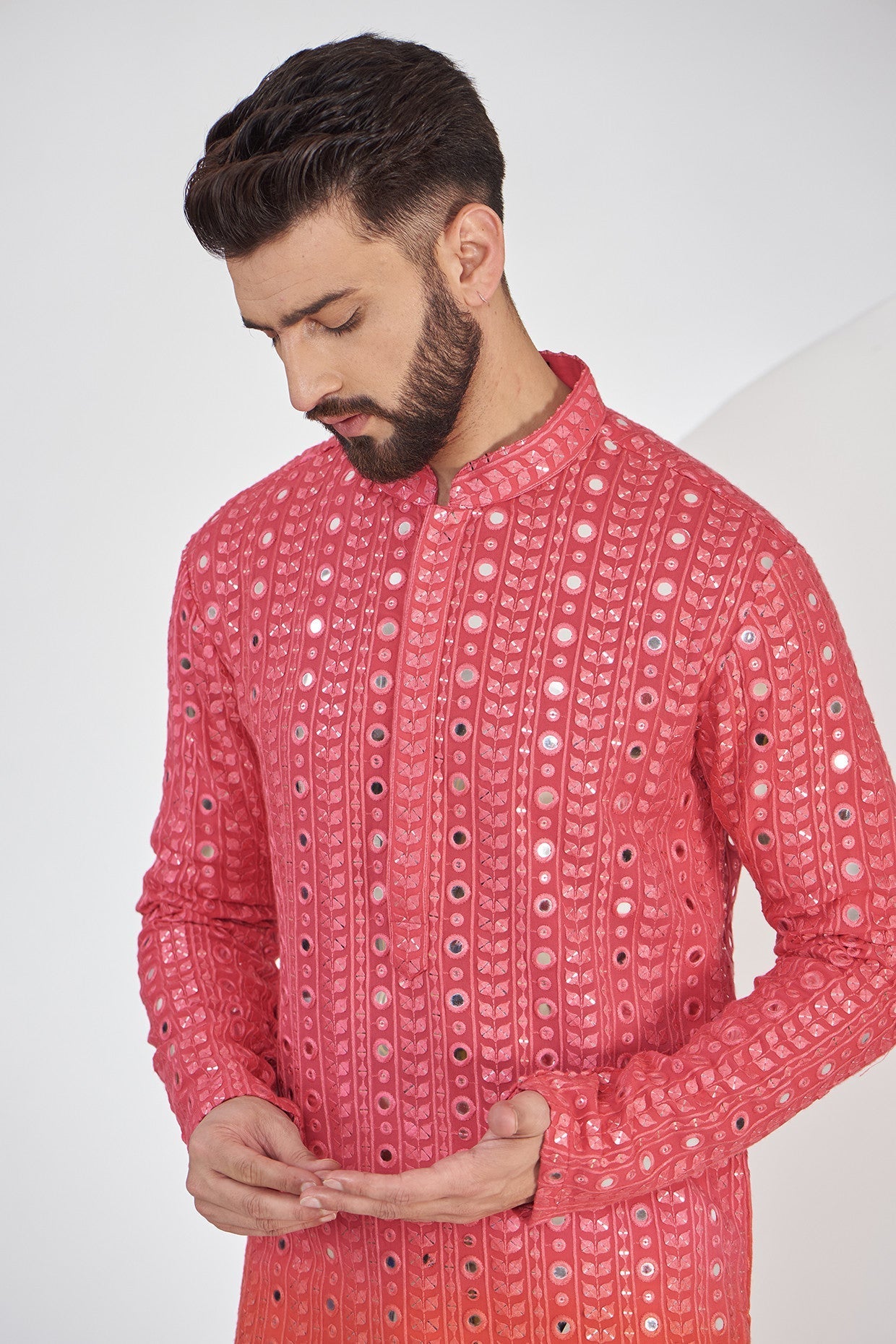Stylish Pink and Orange Ombre Mirrorwork Kurta for Women | Traditional Indian Embroidered Tunic | Perfect for Festivals, Weddings & Ethnic Parties