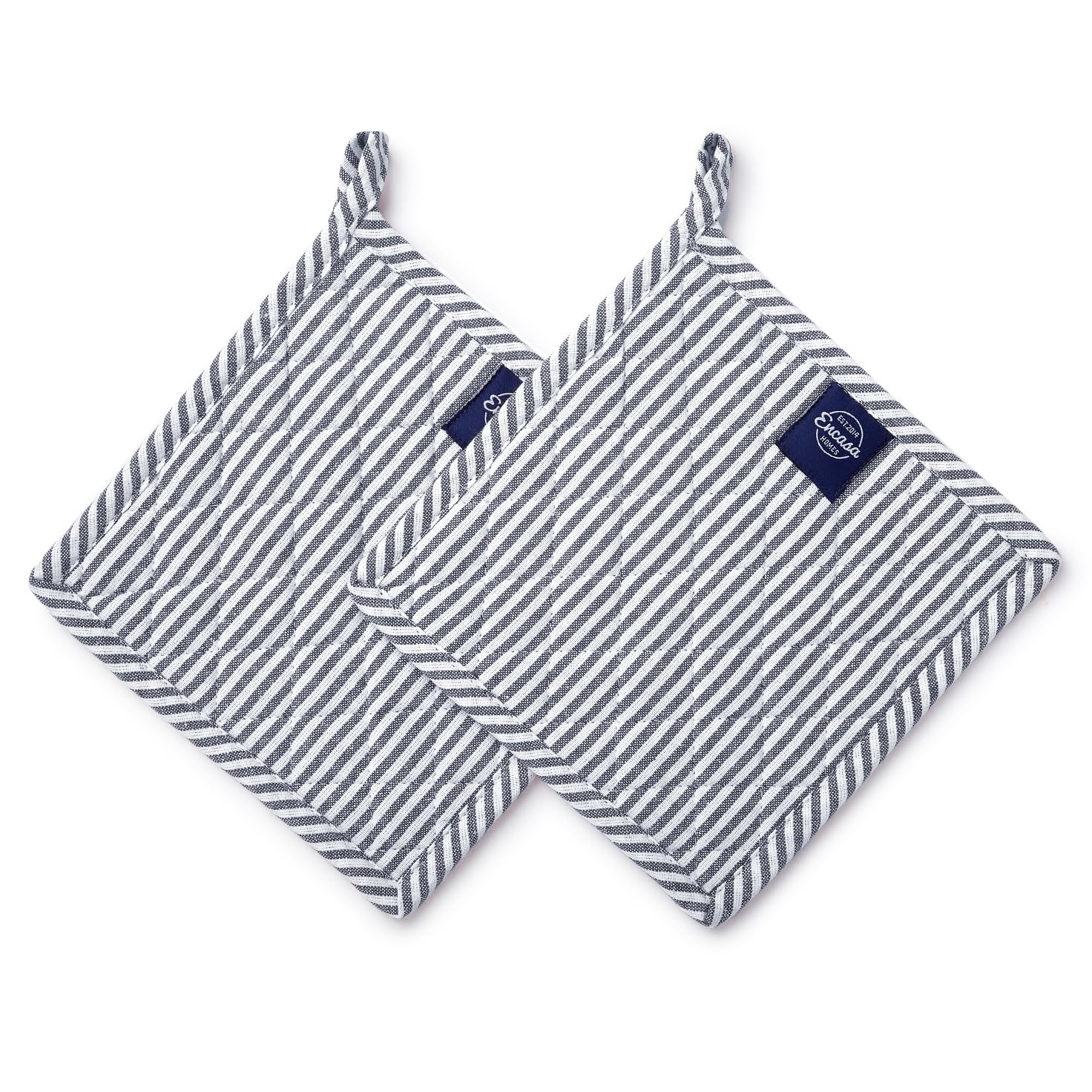 Encasa Homes 8 Inch Heat Resistant Microwave Oven Potholders (2-Piece Set) - Thick & Safe Kitchen Mitts for Cooking, Baking, Grilling - Navy Blue Ticking Pattern - Protect Hands from Hot Pans, Dishes & Baking Trays - Ideal for Home Kitchen, BBQ & Holiday Baking