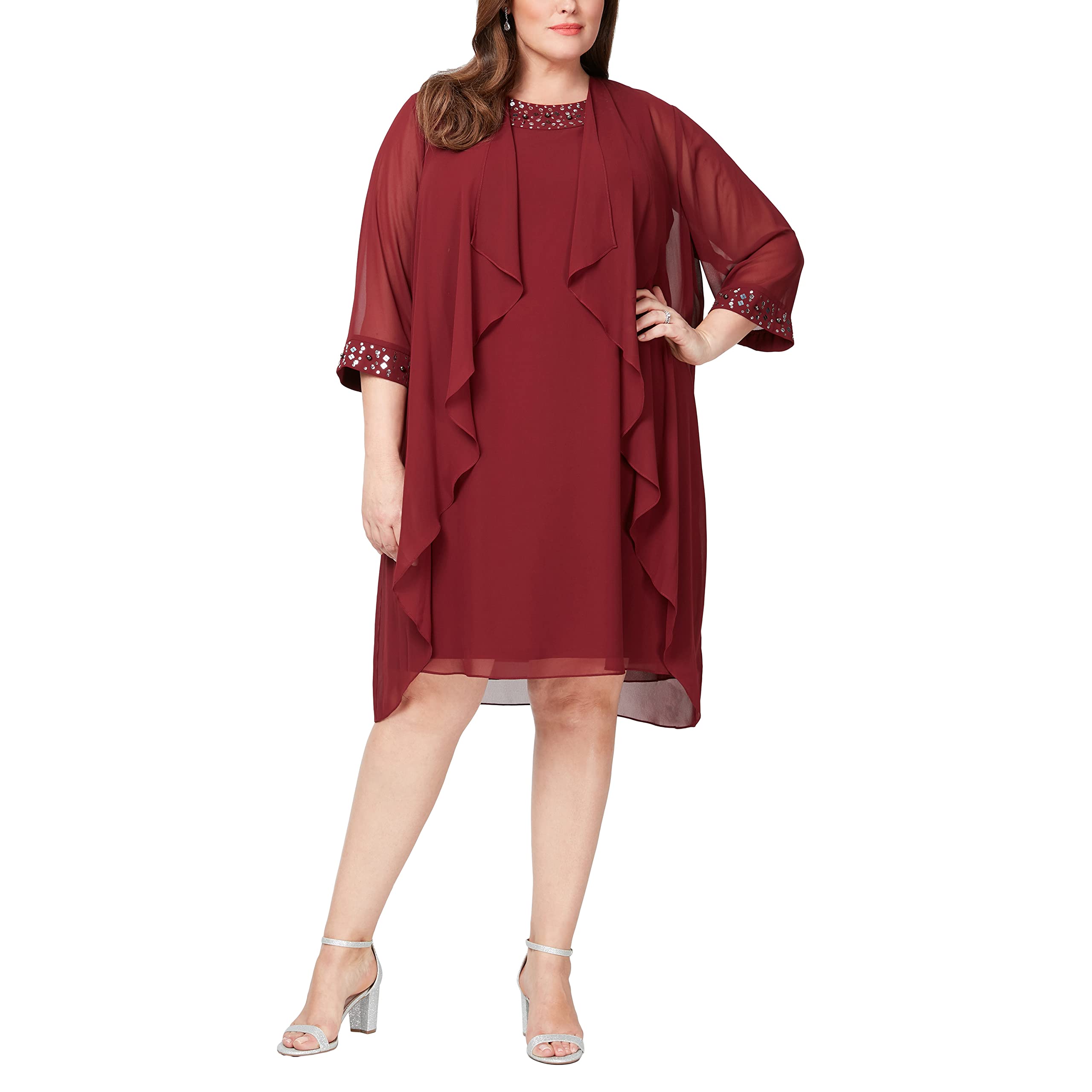 Women's Plus Size Chiffon Tiered Jacket Dress with Beading Detail - Elegant Flowy Cover Up for Weddings, Parties & Special Occasions