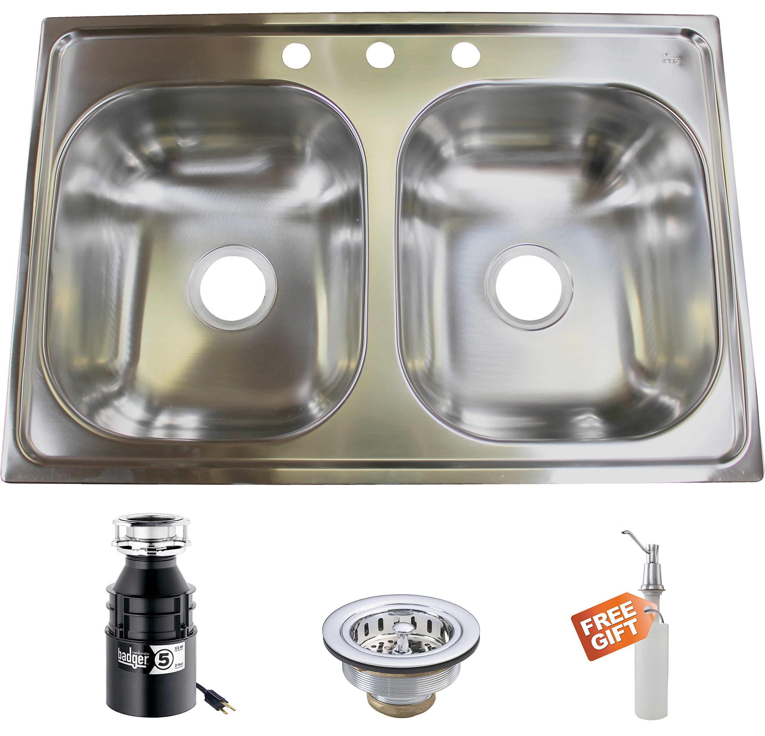 Westbrass S33B-26 33-Inch Stainless Steel Double Bowl Kitchen Sink Set with Garbage Disposal & Strainer - Polished Chrome Finish for Modern Kitchens & Home Renovations