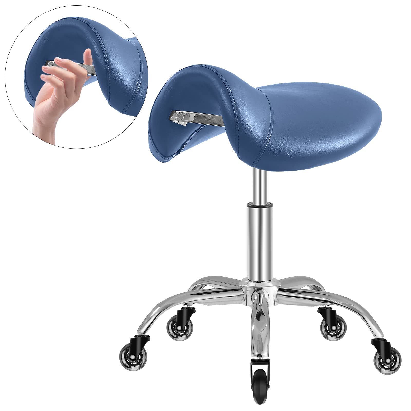 Heavy Duty Rolling Saddle Stool with Wheels - 300 lbs Weight Capacity, Adjustable Height, 360° Swivel & Wide Thick Seat Padding - Perfect for Medical, Massage, Salon, Kitchen, Spa, Drafting & Nail Tech Use (Blue)