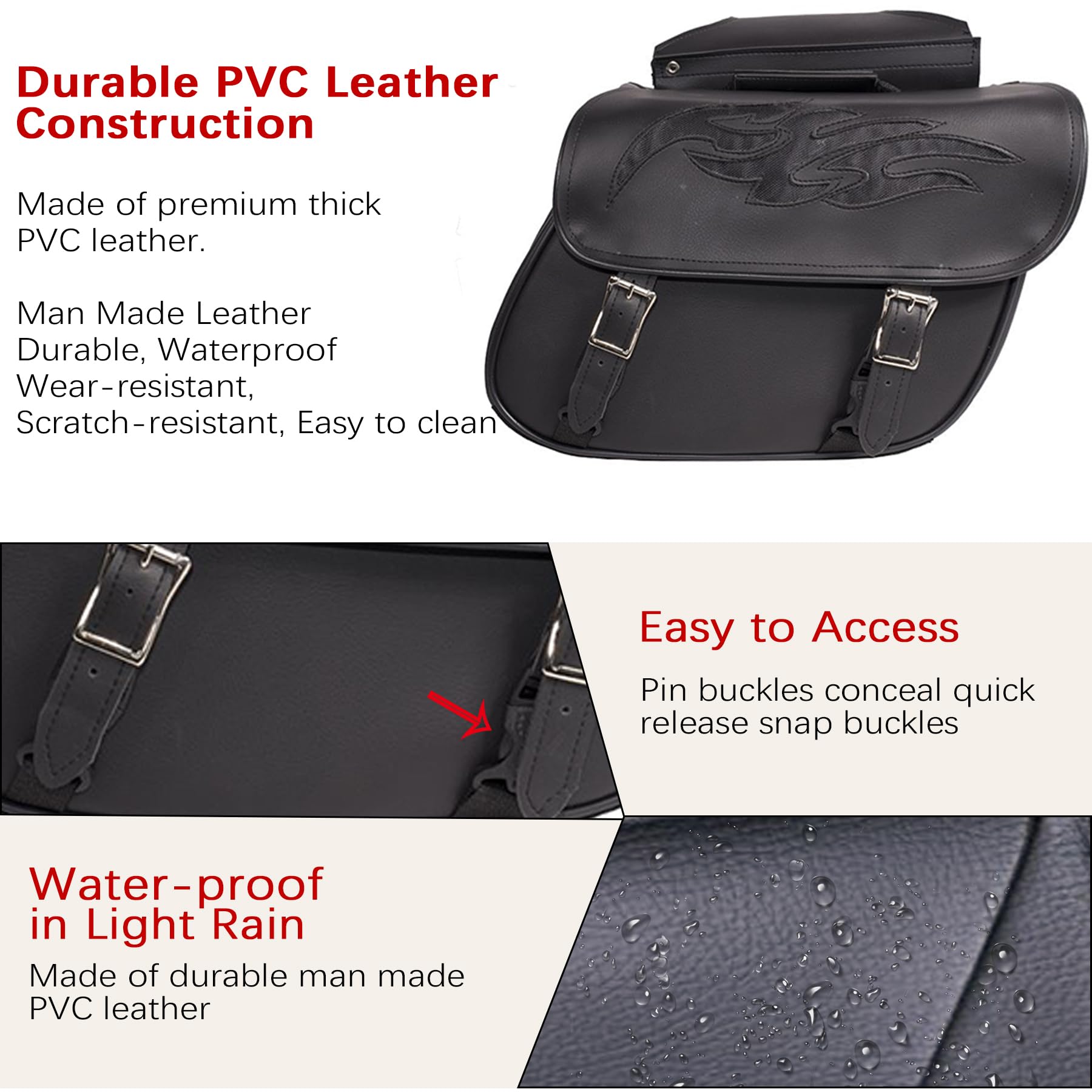 Dream Apparel Faux Leather Motorcycle Saddle Bags - Waterproof PVC Throw Over Side Bags for Honda Shadow, Sportster, Softail & Dyna V-Star Cruisers (Black No Studs) - Perfect for Road Trips & Daily Commuting