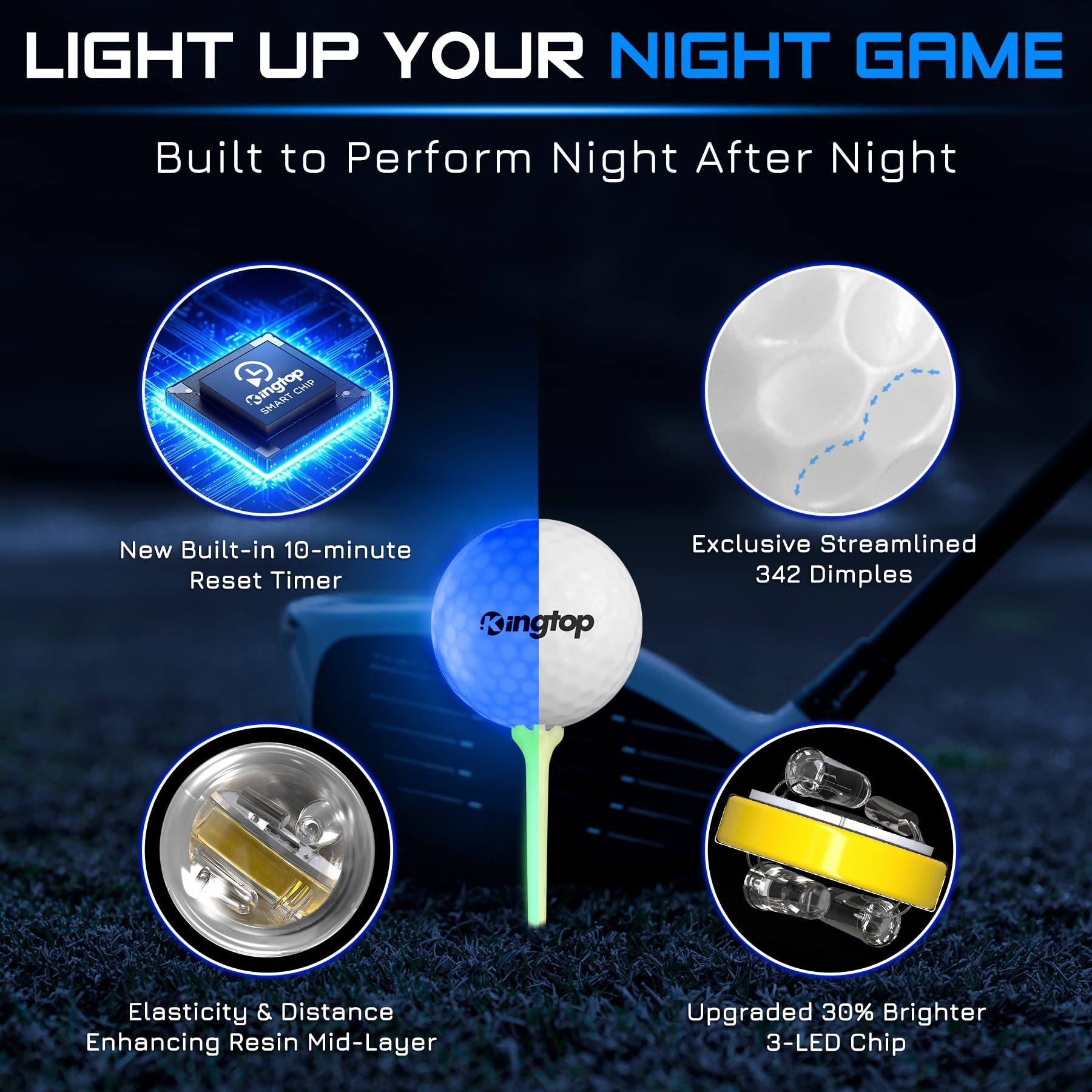 KINGTOP Upgraded Glow in The Dark Golf Balls - Super Bright LED Light Up Golf Balls with Glowing Tees & Storage Bag - Night Golf Accessories for Men & Women - Perfect for Backyard Putting, Driving Range & Outdoor Nighttime Golf Games