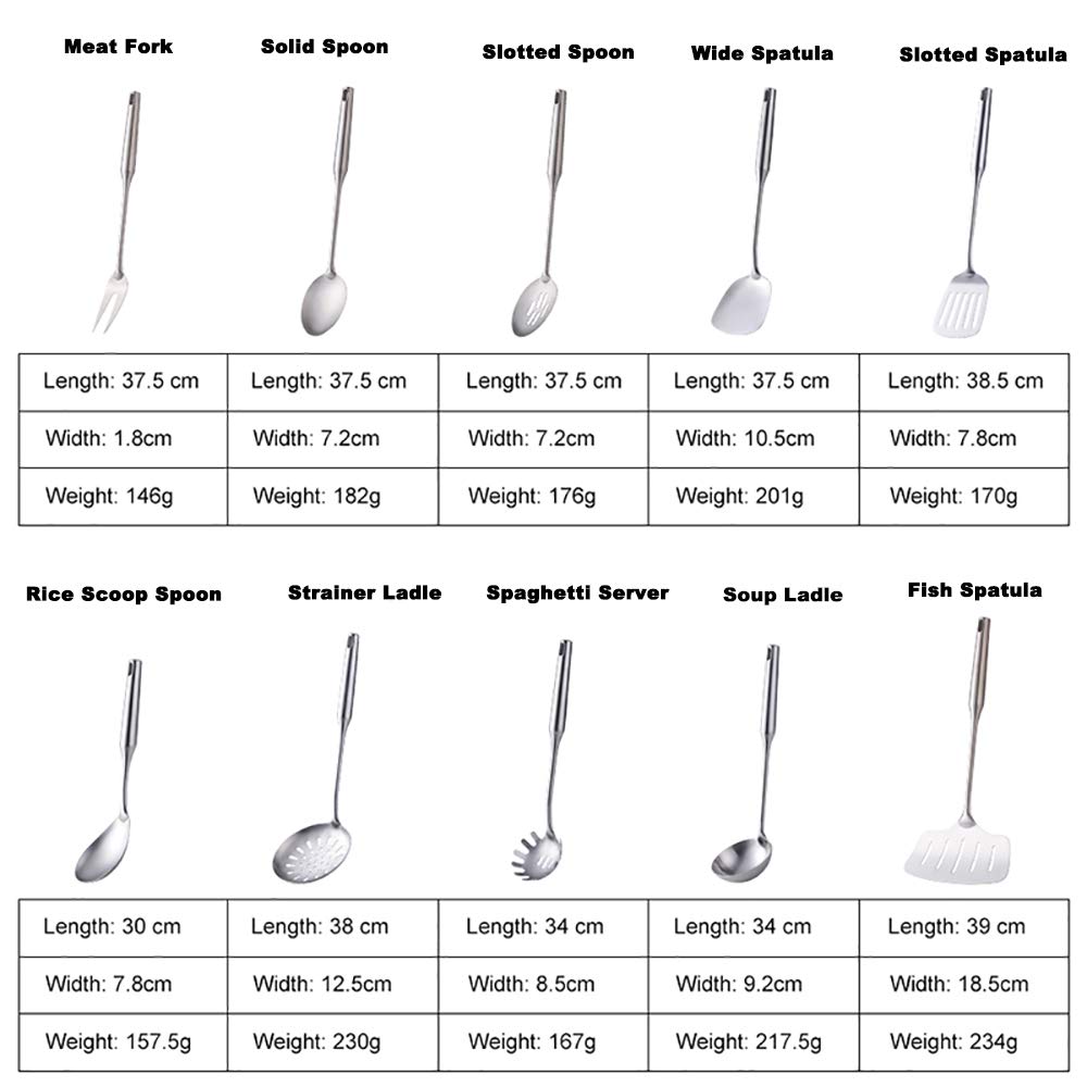 Premium 18/8 Stainless Steel Kitchen Utensil Set - 10 Piece Long Handle Cooking Tools for Nonstick Cookware (Silver) | Ideal for Sauteing, Frying, Baking & Everyday Cooking