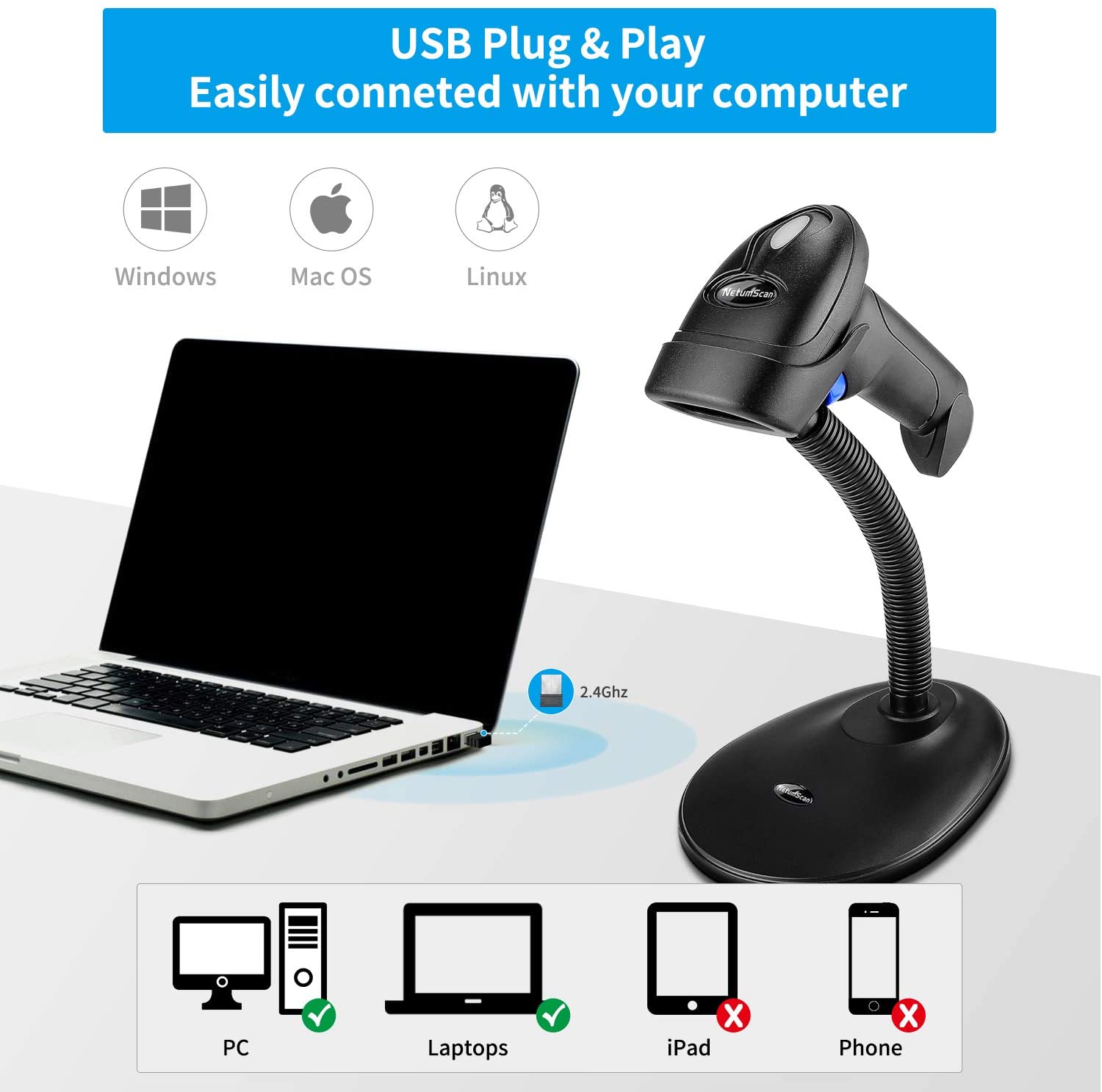 L6S 1D Wireless Barcode Scanner - Portable Bluetooth Handheld Scanner for Retail, Warehouse & Inventory Management - Fast & Accurate Scanning for POS, Supermarkets, Logistics
