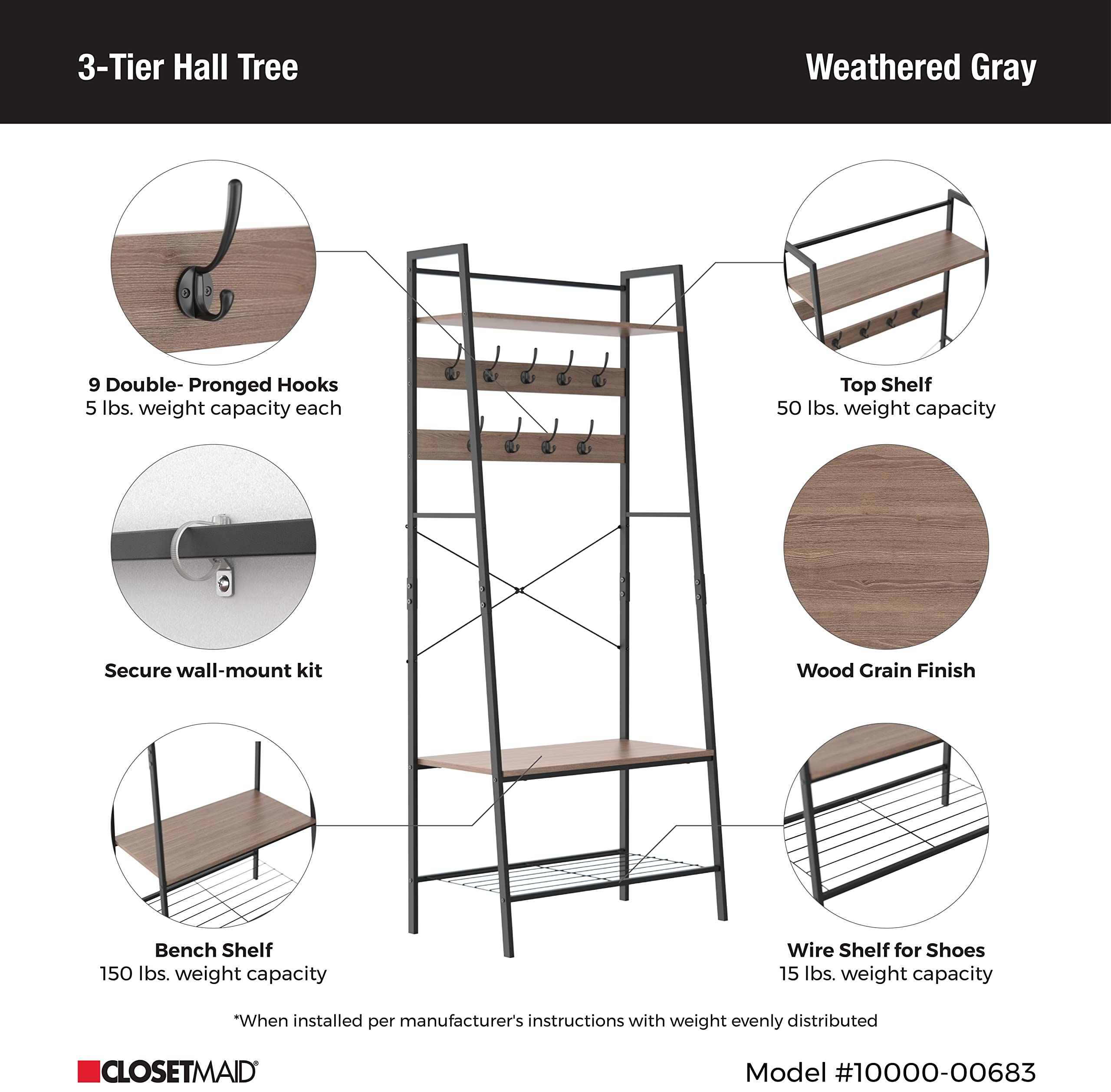 ClosetMaid Hall Tree with Shoe Bench - 9 Hooks & Storage Shelf Ladder Design - Weathered Gray/Black Metal - Perfect for Entryway, Mudroom & Home Organization