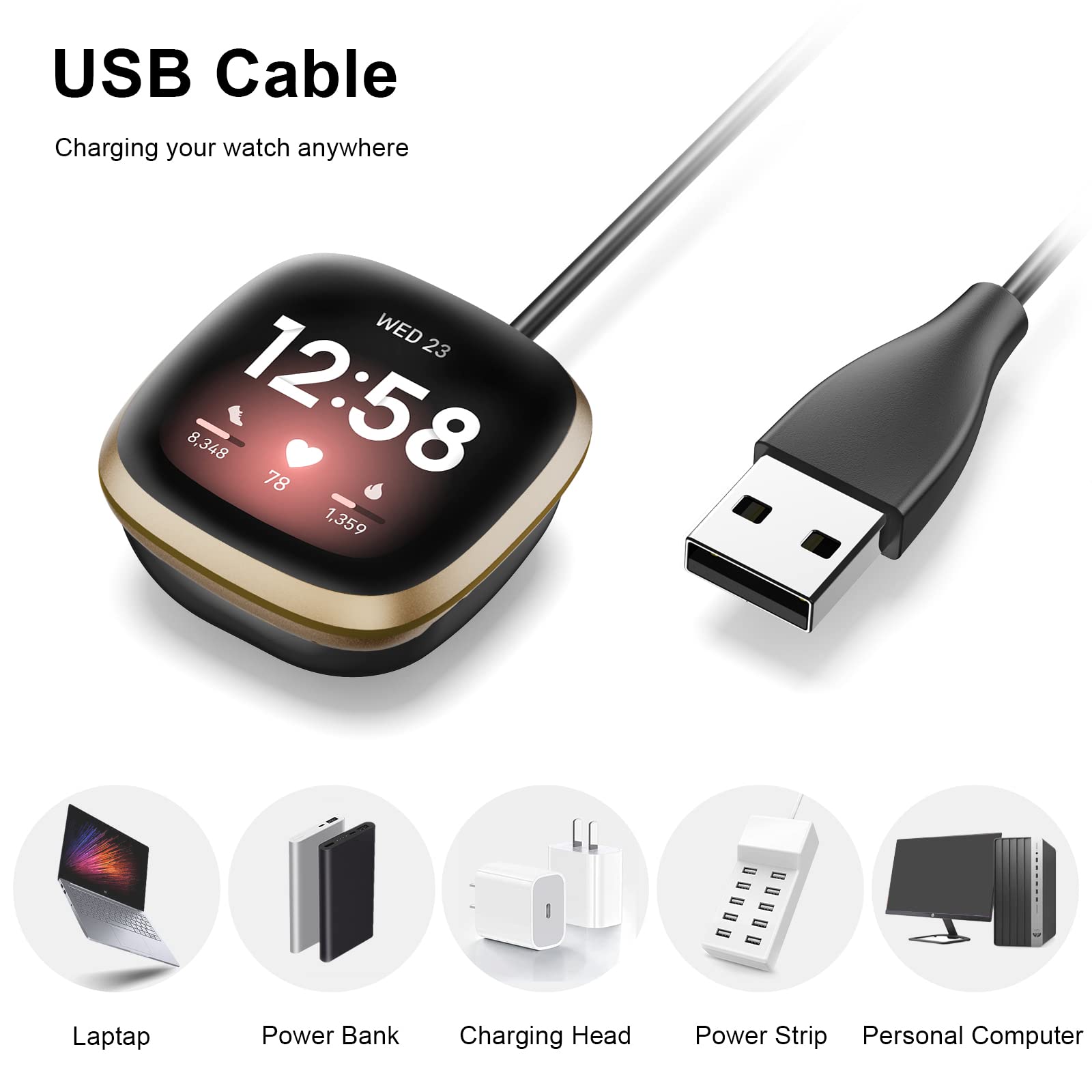 Yisica Replacement USB Charging Cable for Fitbit Sense 2 & Fitbit Sense (3.3ft/100cm) - Fast Charging Station Accessory for Home, Office, and Travel Use
