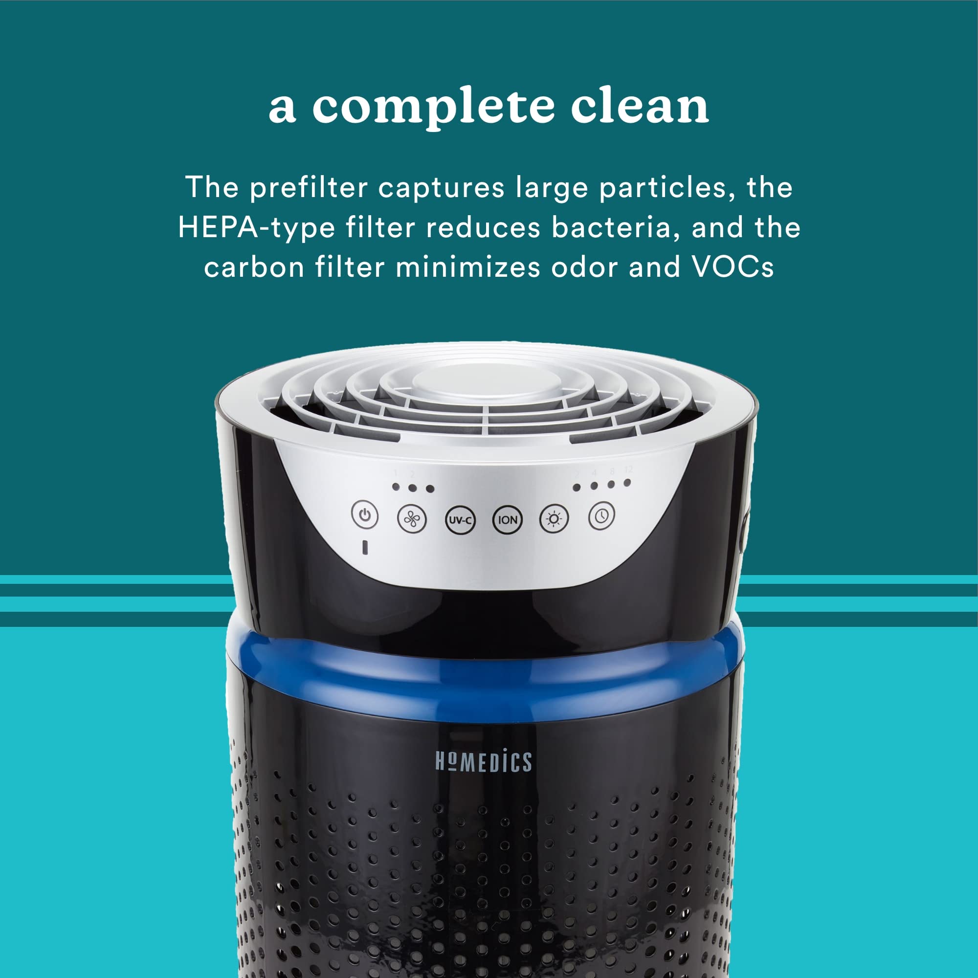 Homedics 5-in-1 UV-C Air Purifier with 360° HEPA Filter - Covers 170 Sq Ft, 3 Speed Settings for Bedroom, Office & Small Spaces | Includes Essential Oil Diffuser & Timer | Black | Ideal for Allergies, Pet Dander & Smoke Removal