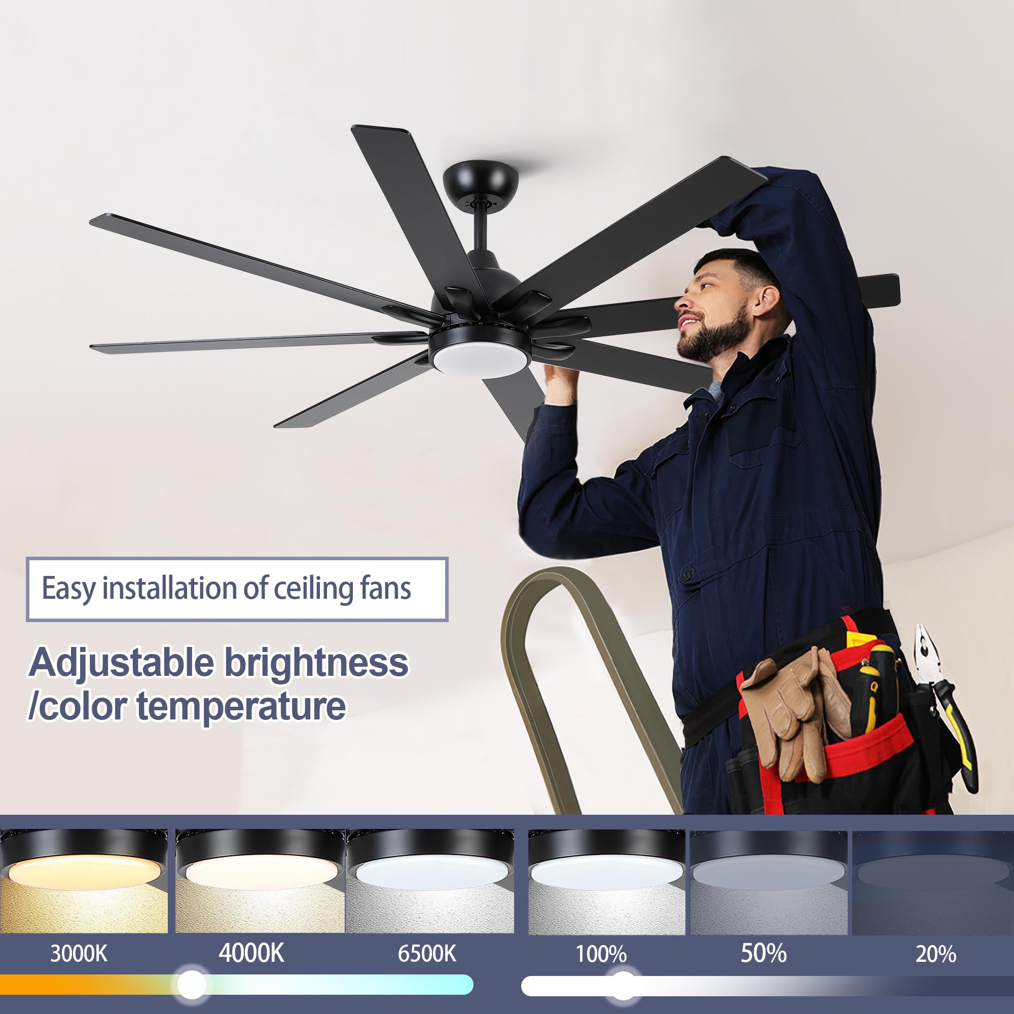 Sevenine 62 Inch Ceiling Fan with Lights and Remote Control - 8 Black Wood Blades, 6-Speed Reversible DC Motor, 3-Color Dimmable LED Light - Ideal for Living Room, Bedroom, Patio, Farmhouse, and Indoor Great Rooms