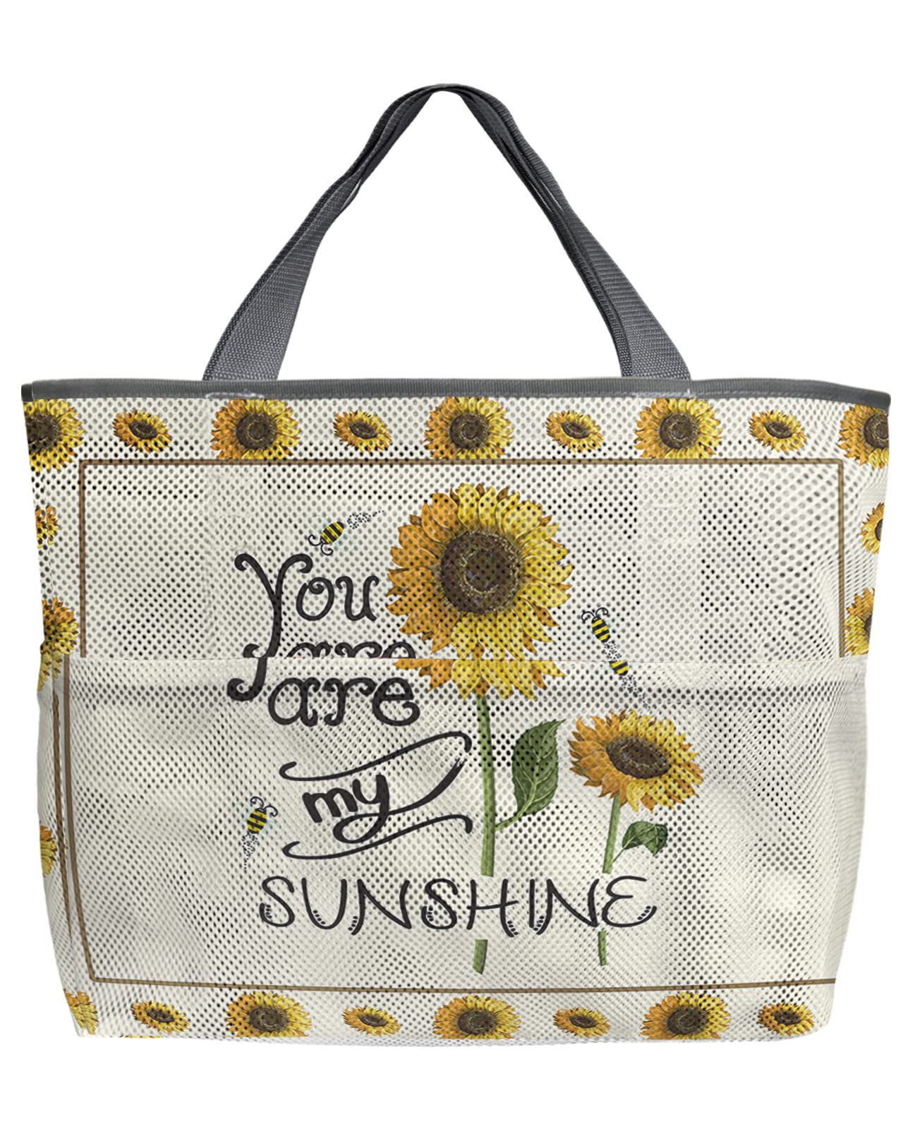 **Sunflower and Bees Mesh Beach Tote Bag - 60L Oversized Quick-Dry Swim Bag with Pockets, Foldable & Lightweight (24