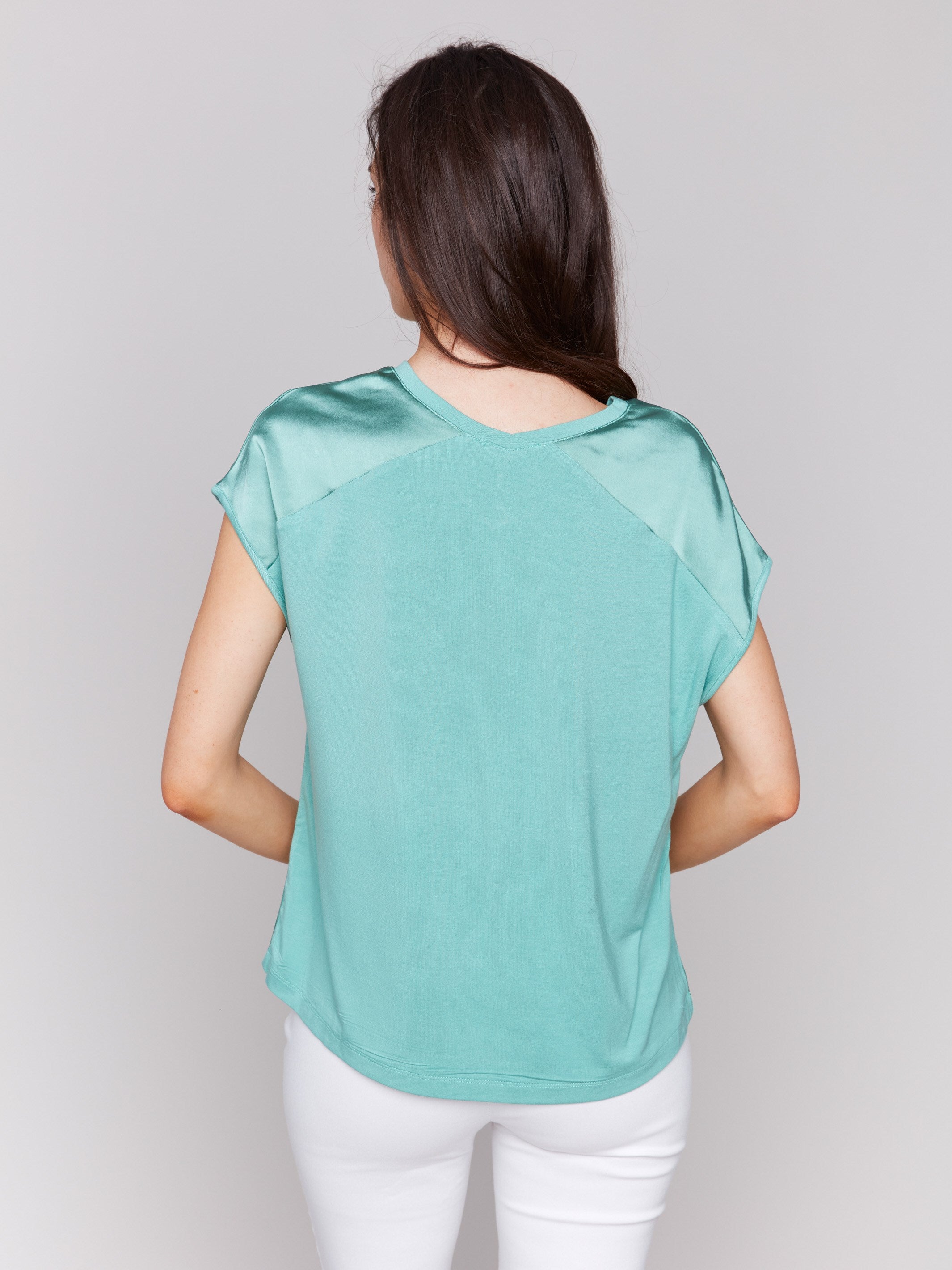 Lilypad Women's Satin V-Neck Knit Top - Soft Stretchy Casual Blouse for Work & Date Night Outfits