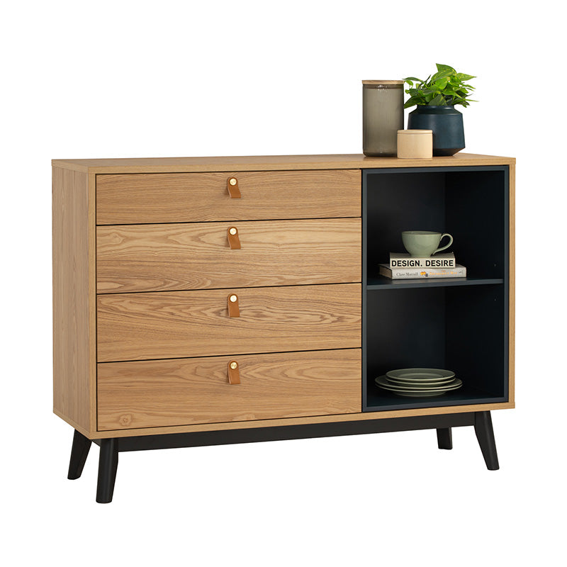 CASTOR Sideboard Buffet 125cm - Modern Wooden Storage Cabinet with 3 Drawers & Doors in Natural, Navy Blue & Black - Perfect for Dining Room, Living Room & Entryway Organization